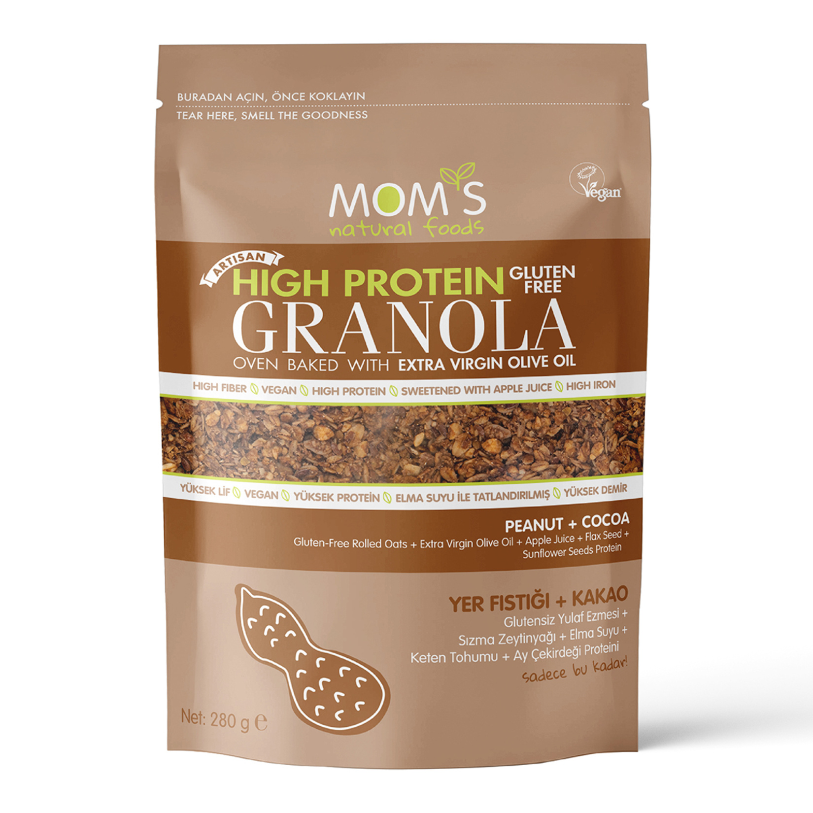 Mom's Yüksek Proteinli Glutensiz Yer Fıstıklı Kakao Granola 280 G - Görsel 1