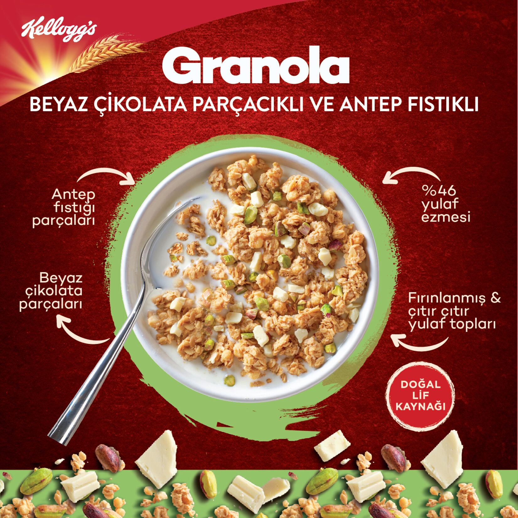 Kellogg's Granola Beyaz Çikolata Parçacığı & Antep Fıstıklı 60 G - Görsel 3