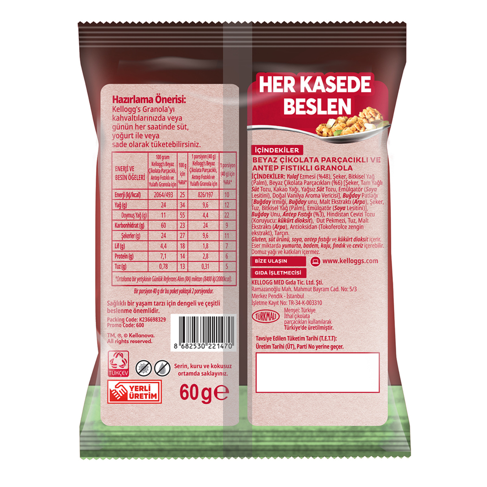Kellogg's Granola Beyaz Çikolata Parçacıklı & Antep Fıstıklı 60 G - Görsel 2