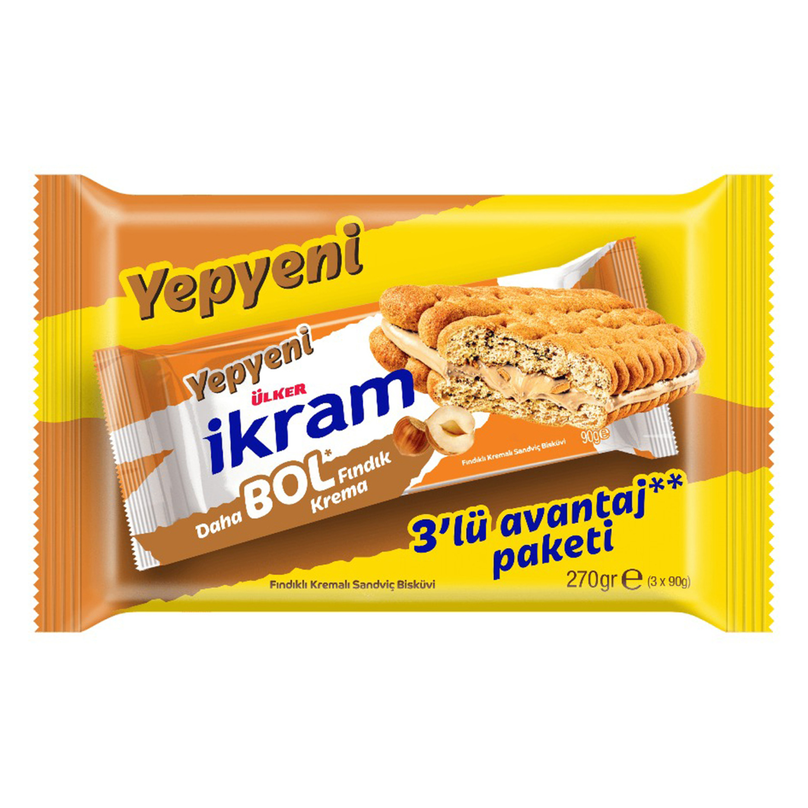 Ülker İkram Fındık Kremalı Sandviç Bisküvi 3'lü 270 G