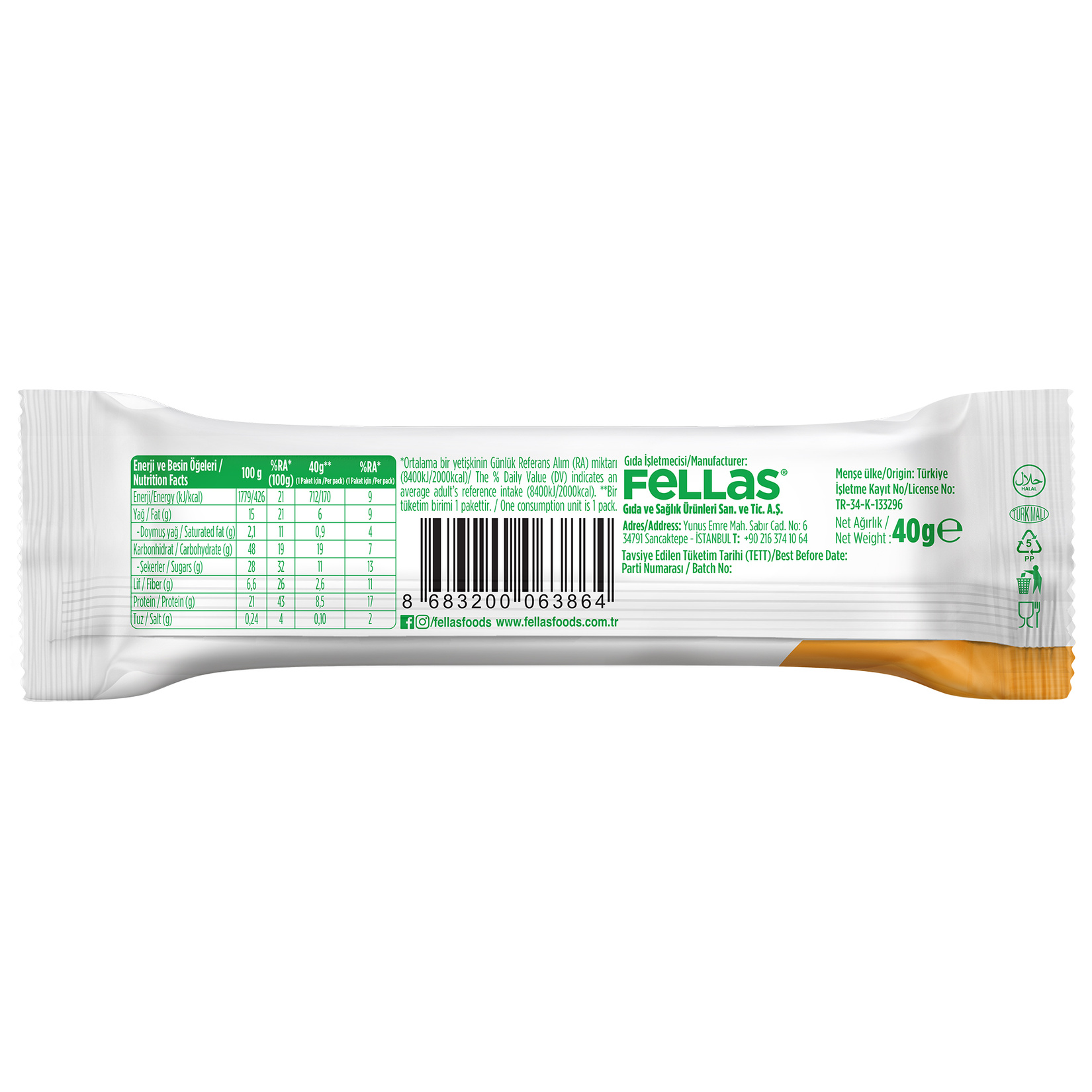 Fellas Vegan Protein Bar Yer Fıstığı Ezmeli 40 G - Görsel 2