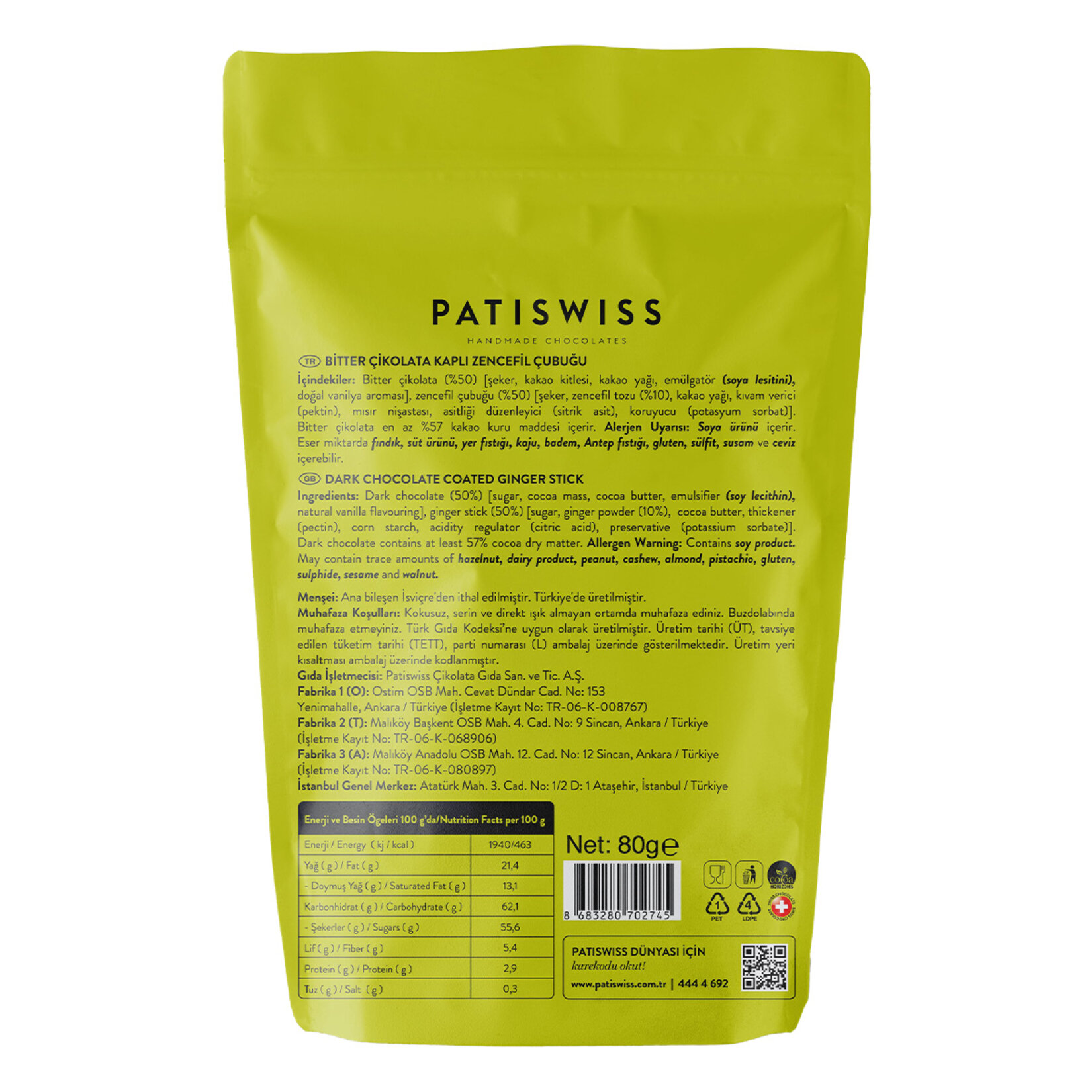 Patiswiss Bitter Çikolata Kaplı Zencefil Çubuğu 80 G - Görsel 2