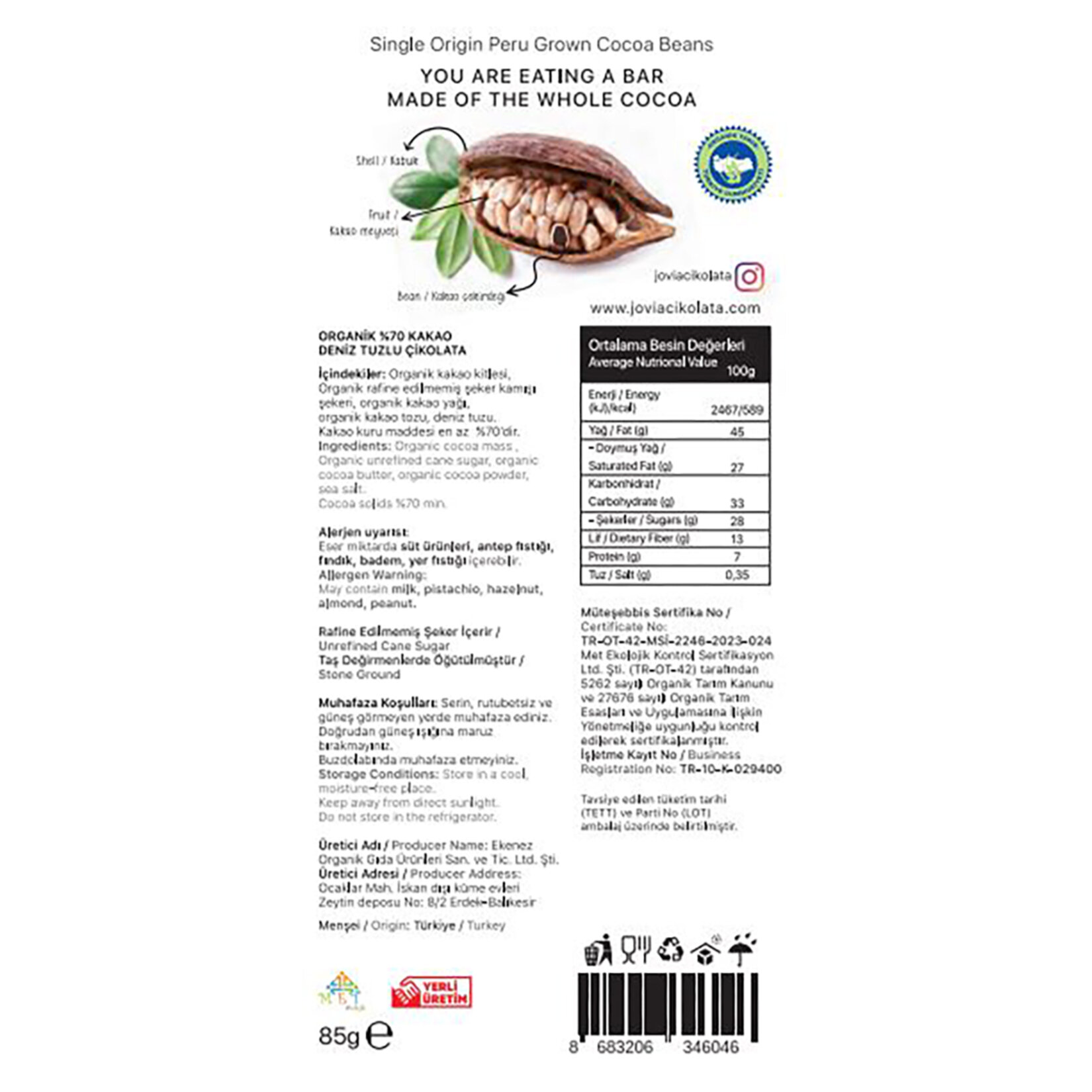 Jovia Organik %70 Kakao Deniz Tuzlu Çikolata 85 G - Görsel 2