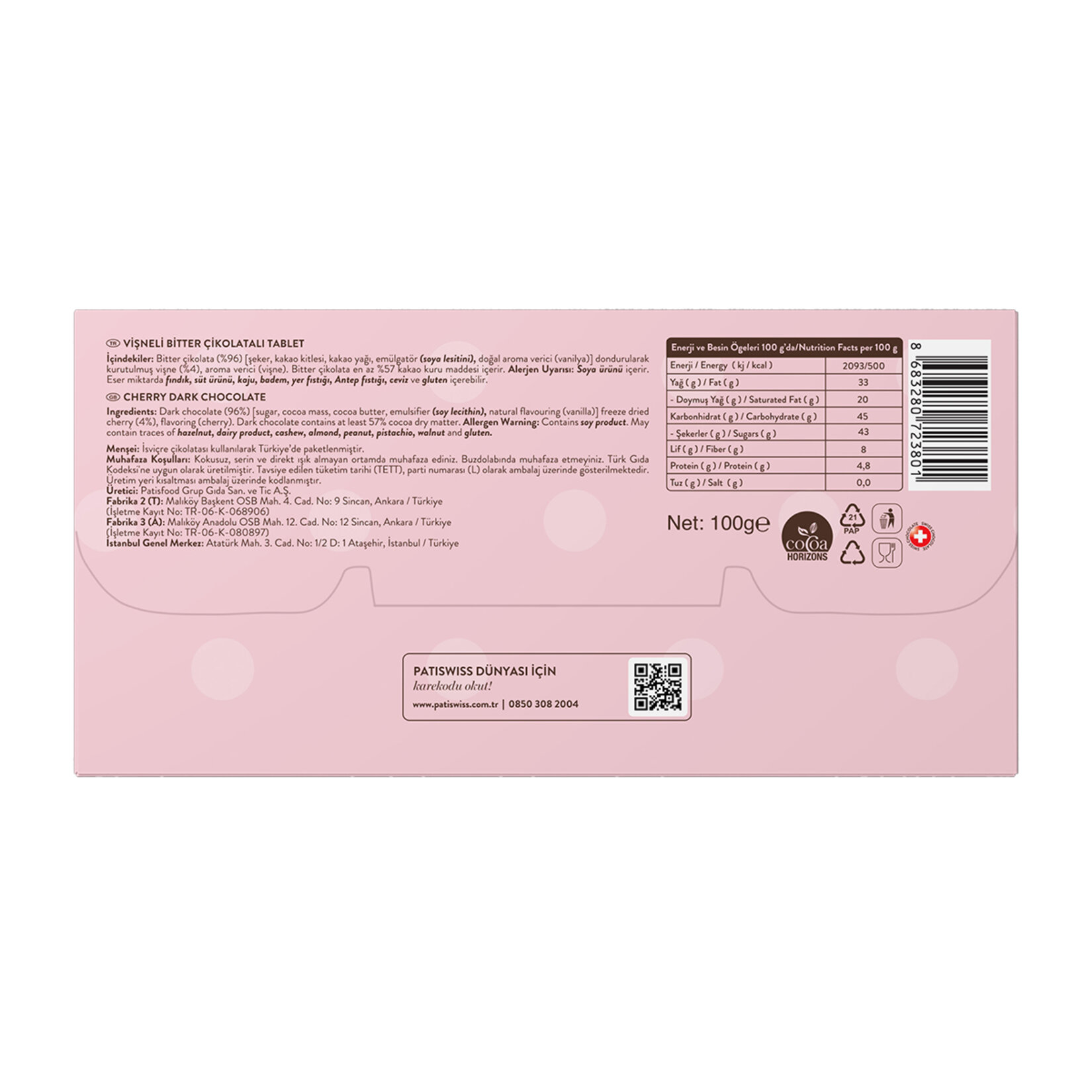 Patiswiss Love Vişneli Bitter Çikolata Tablet Çikolata 100 G - Görsel 2