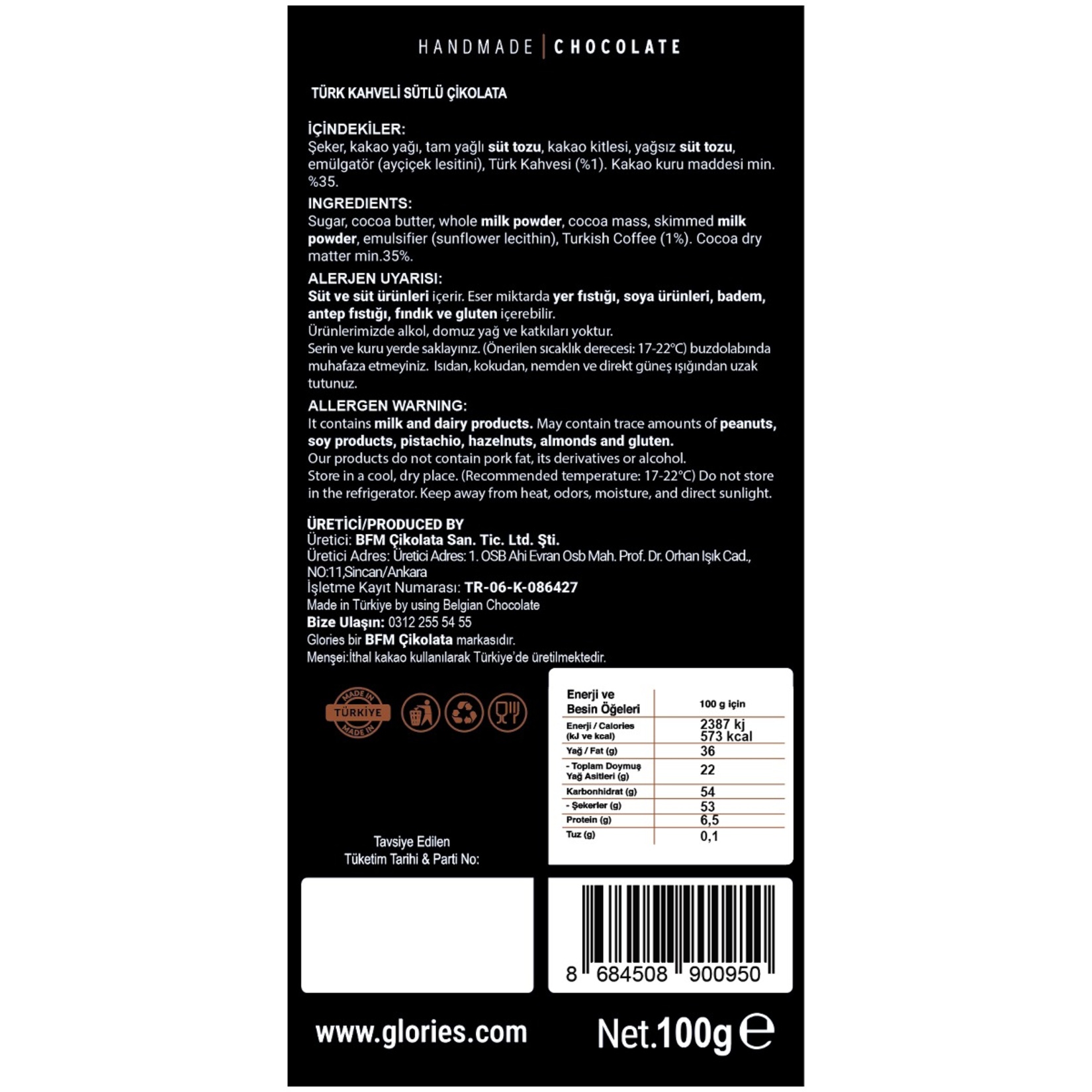 Glories % 35 Kakao Türk Kahve Sütlü Çikolata 100 G - Görsel 2