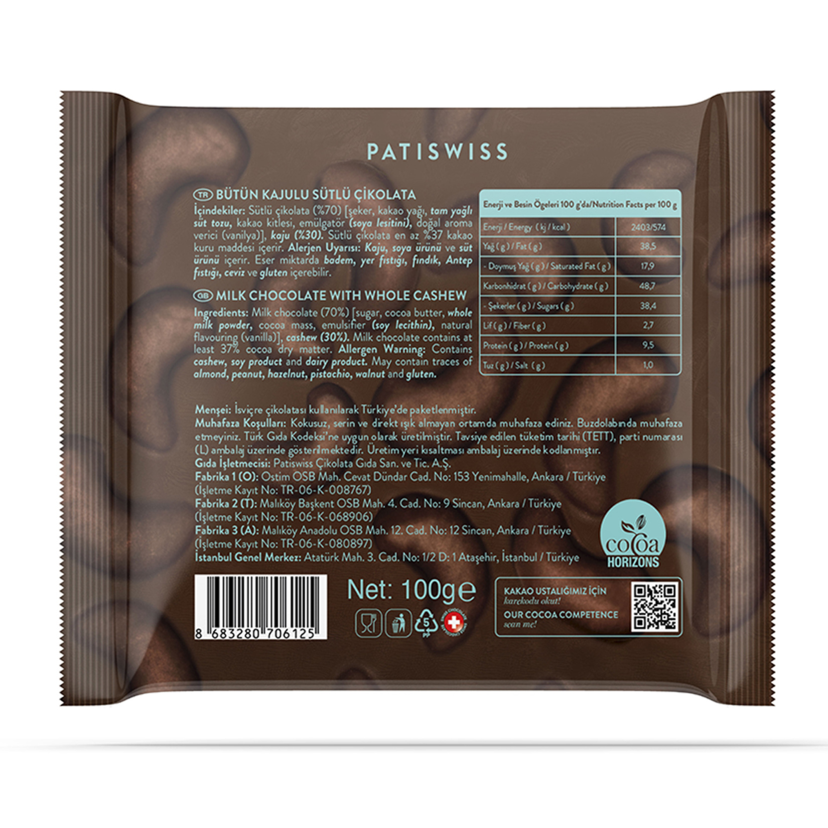 Patiswiss Bütün Kajulu Sütlü Çikolata 100 G - Görsel 2