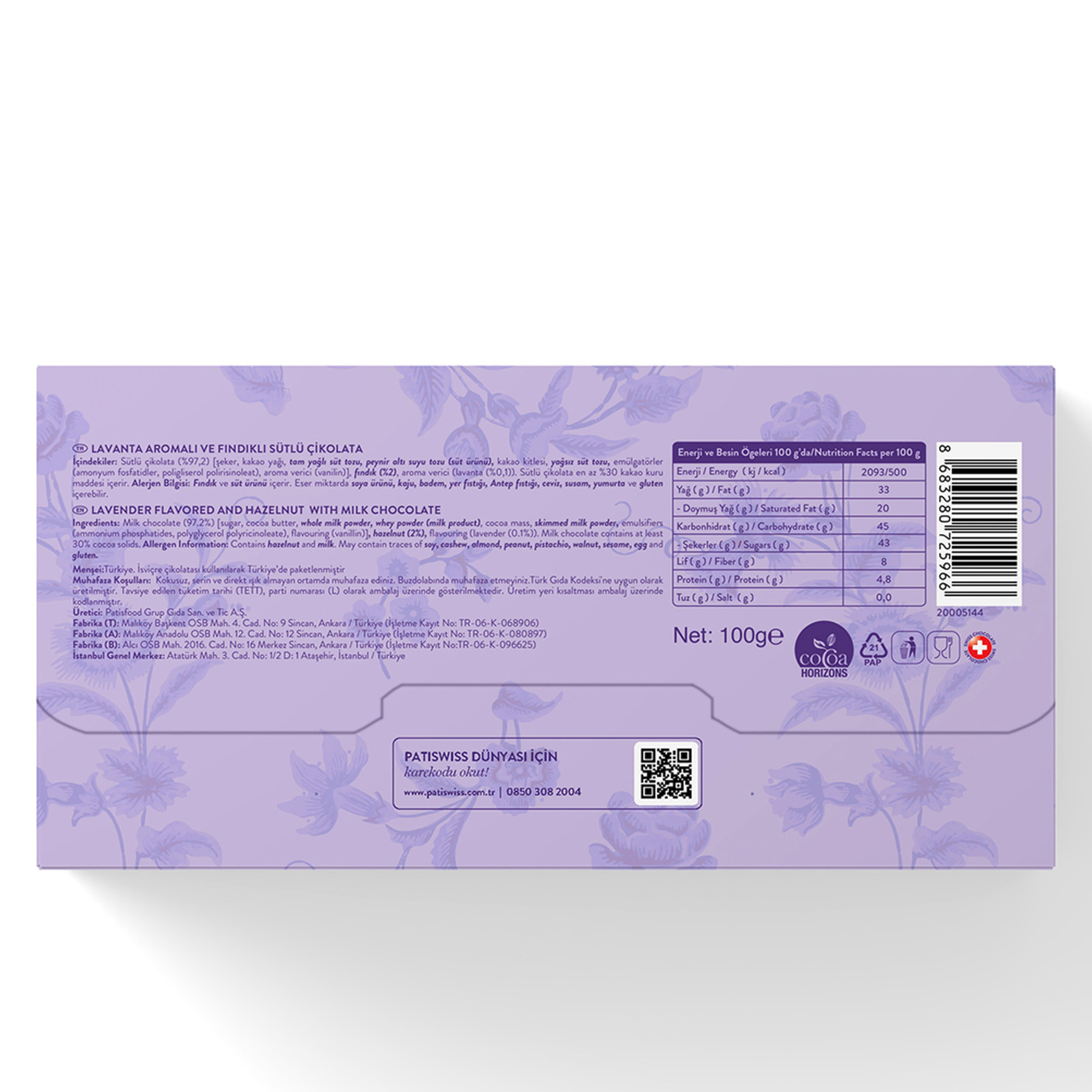 Patiswiss Lavanta Aromalı & Fındıklı Sütlü Çikolata 100 G - Görsel 2