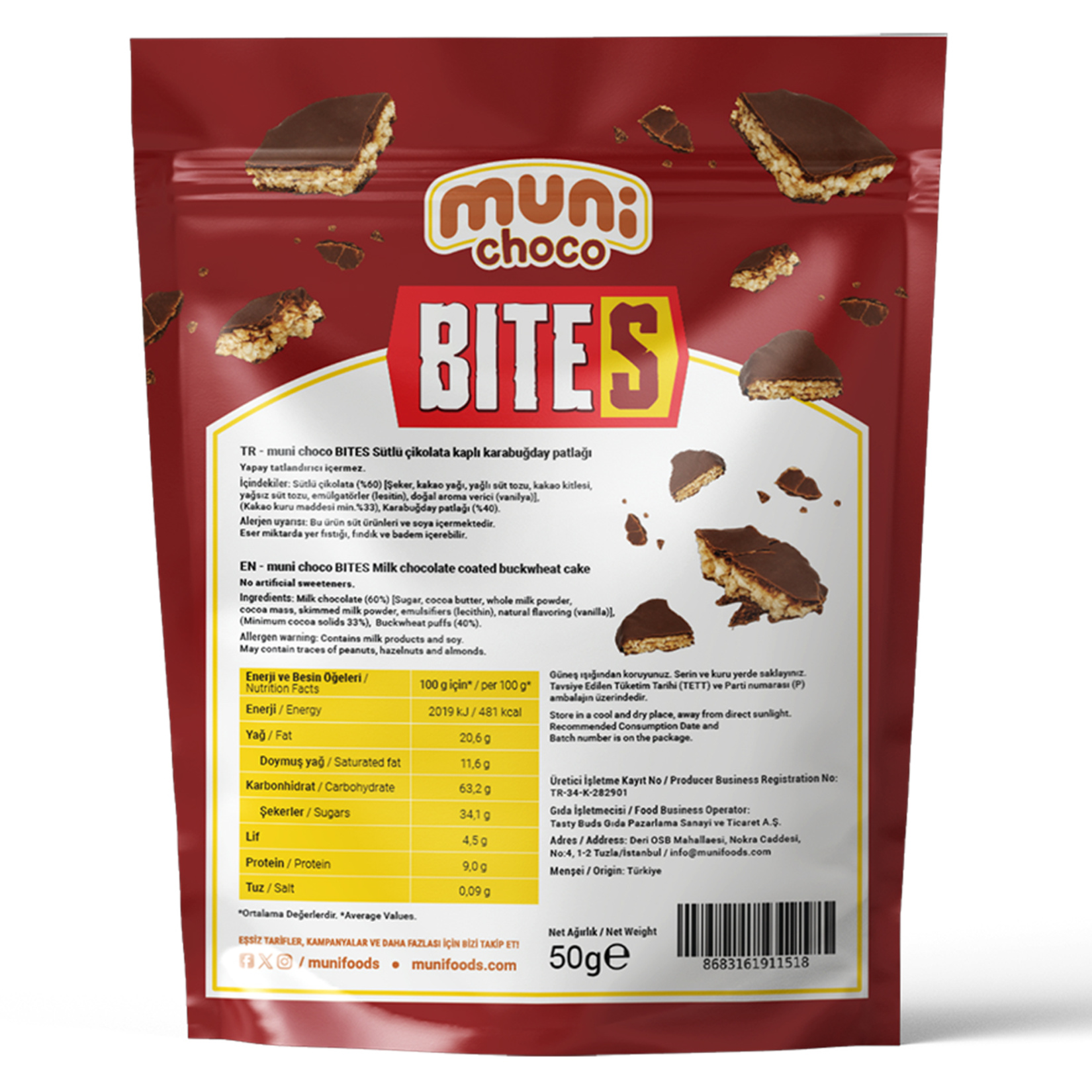 Muni Choco Bites Sütlü Çikolata Kaplı Kara Buğday Patlağı 50 G - Görsel 2