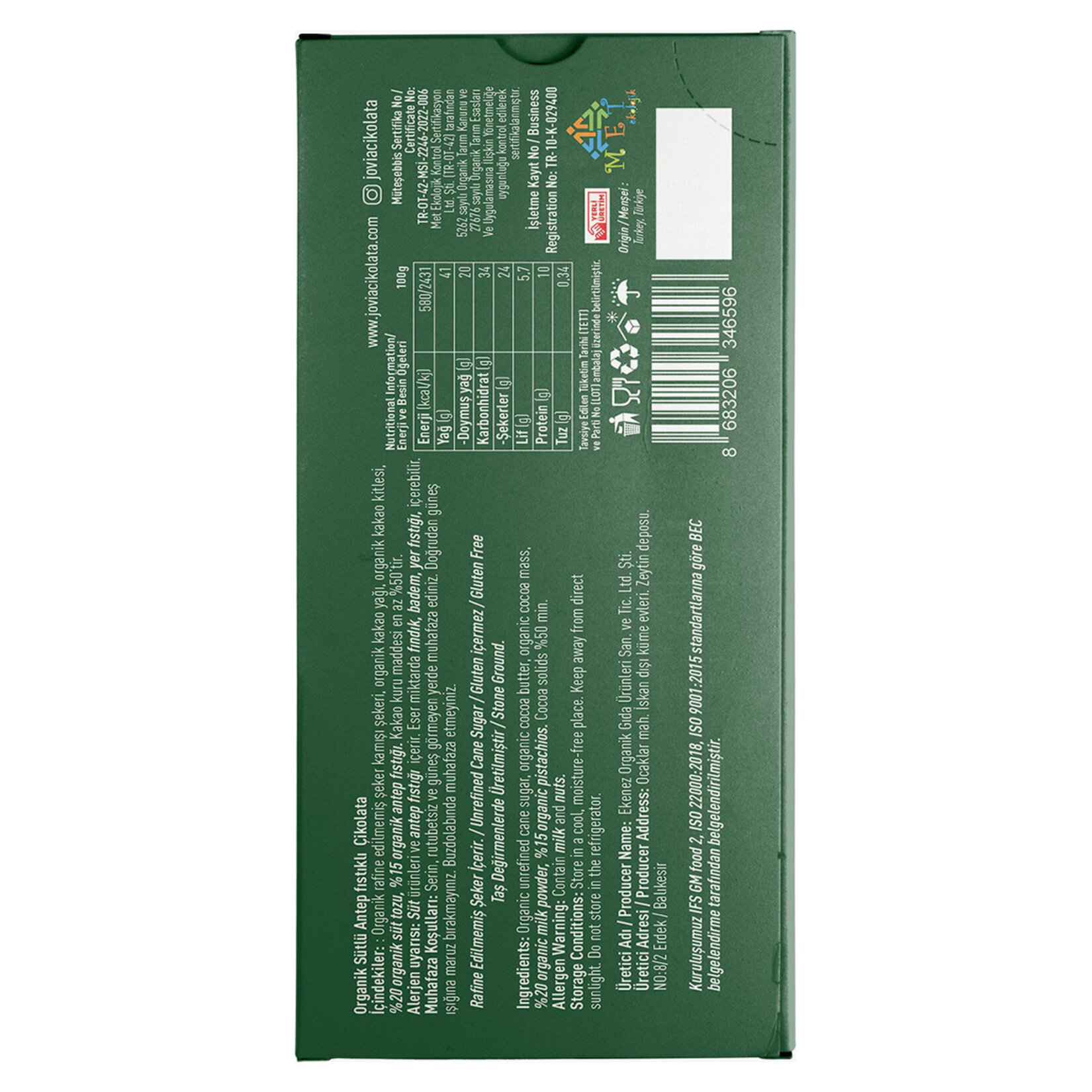 Jovia Organik Sütlü Antep Fıstıklı Çikolata 40 G - Görsel 2