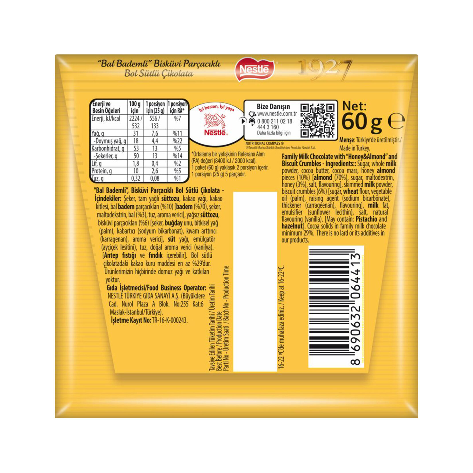 Nestle 1927 Bal Bademli Sütlü Çikolata 60 G - Görsel 2
