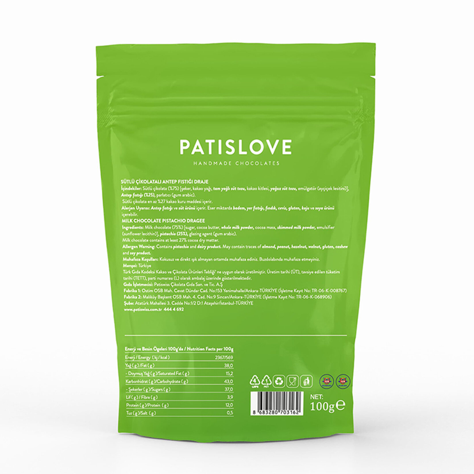 Patislove Sütlü Çikolata Kaplı Antep Fıstığı Draje 100 G - Görsel 2