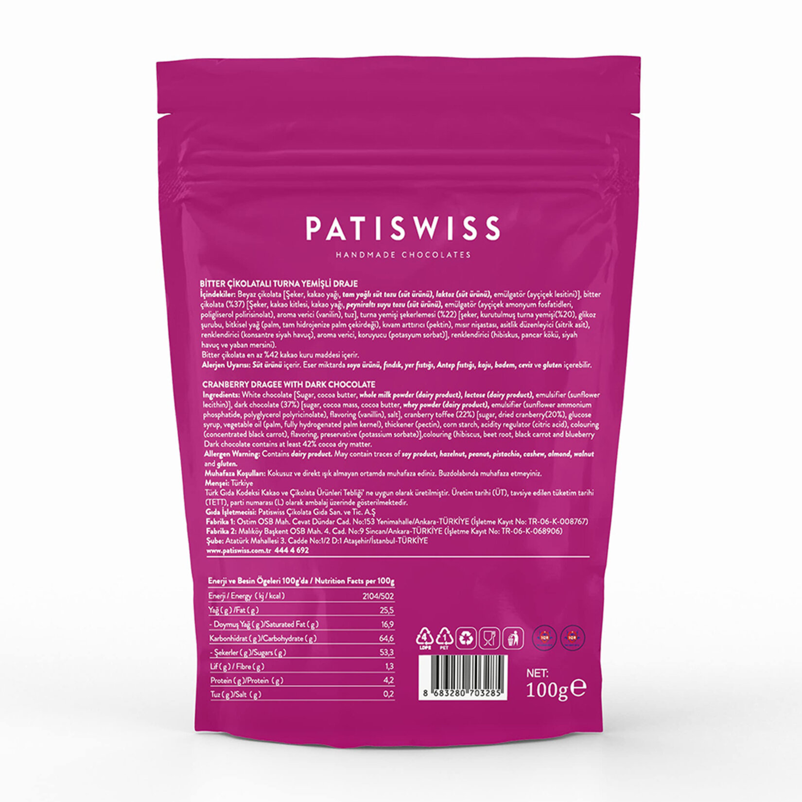 Patiswiss Bitter Çikolata Kaplı Turna Yemişli Draje 100 G - Görsel 2