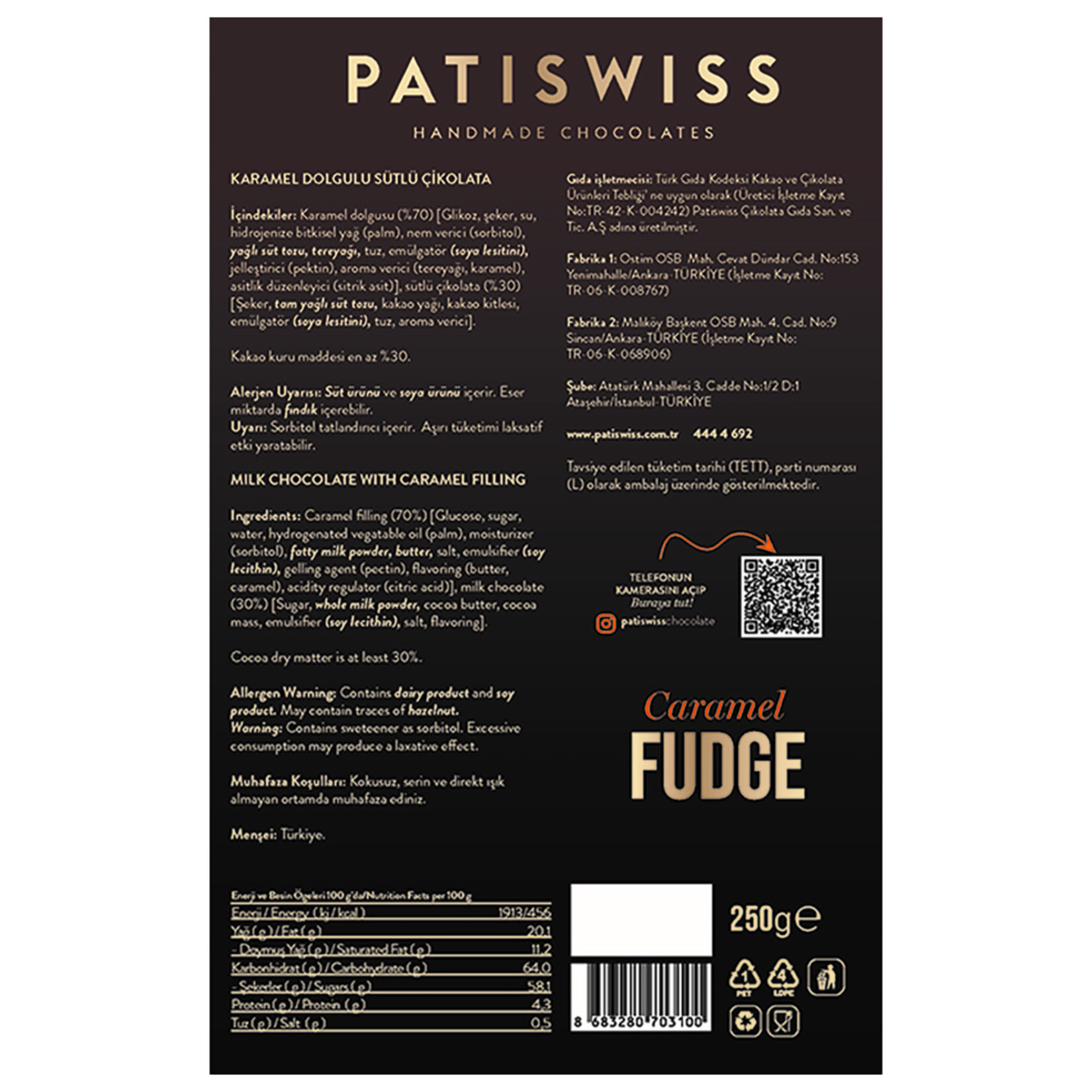 Patiswiss Karamel Dolgulu Süt Çikolata Fudge 250 G - Görsel 2