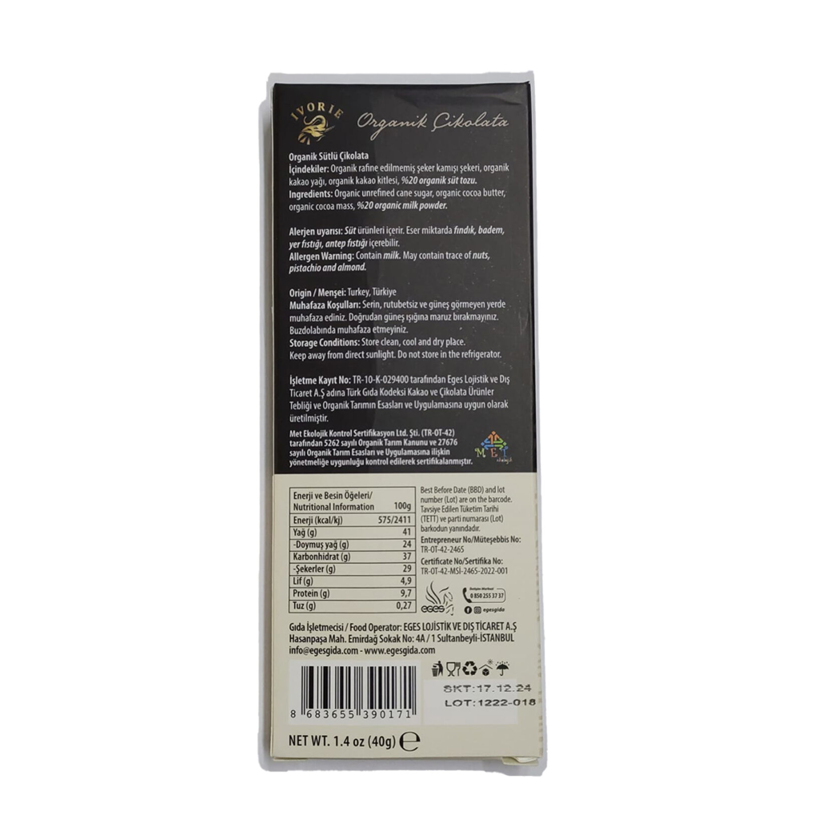 Ivorie Organik Sütlü Sade Çikolata 40 G - Görsel 2