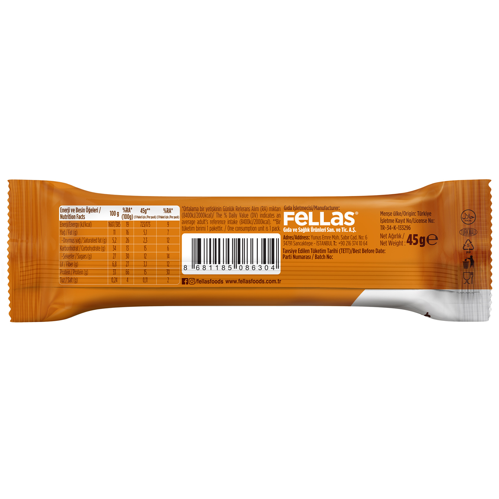 Fellas Yer Fıstıklı ve Kakaolu Yüksek Protein Bar 45 G - Görsel 2