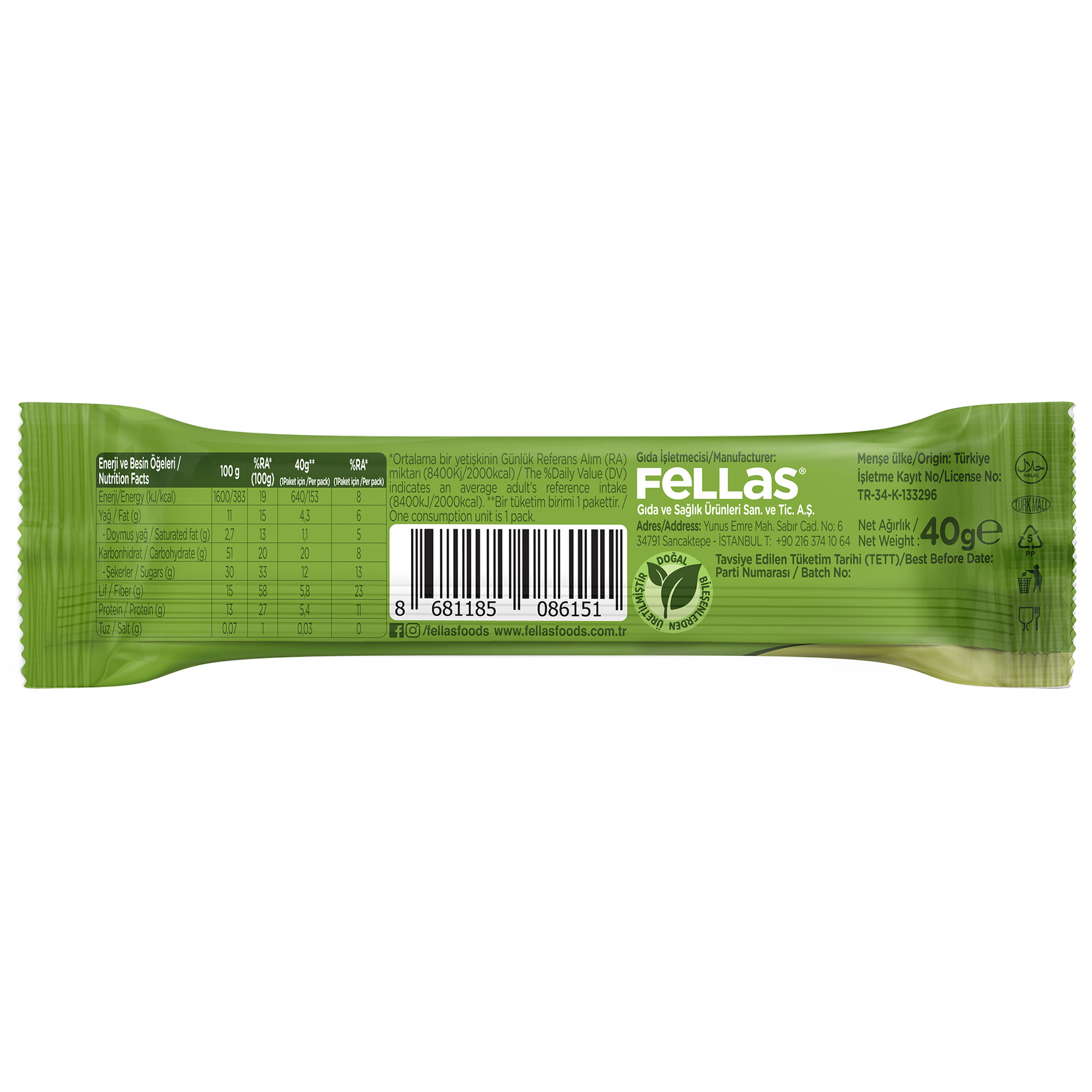 Fellas Antep Fıstıklı ve Kakaolu Meyve Barı 40 G - Görsel 2