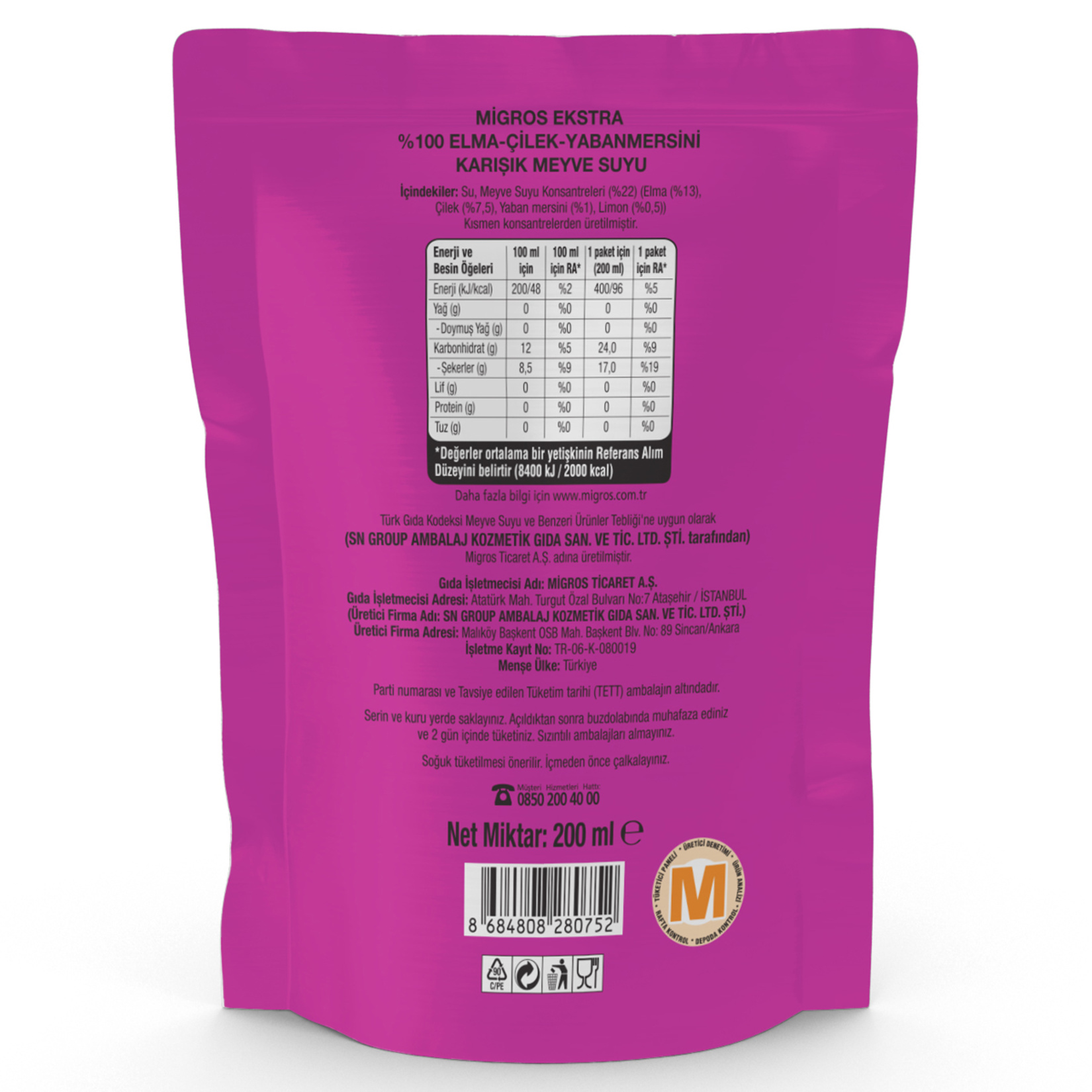 Migros Ekstra %100 Elma Çilek Yaban Mersini Meyve Suyu 200 Ml - Görsel 2