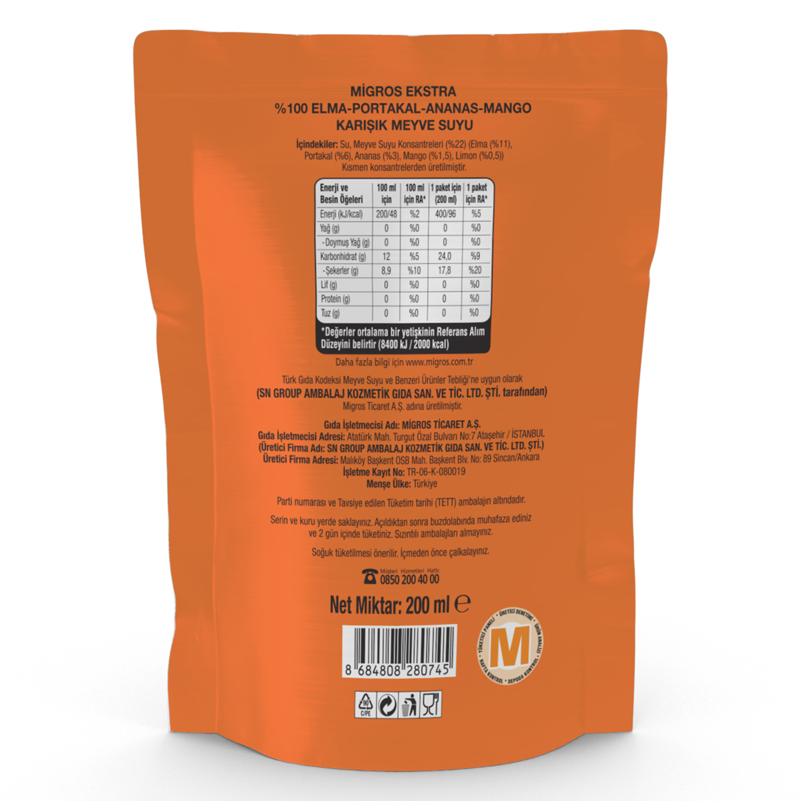 Migros Ekstra %100 Elma Portakal Ananas Mango Meyve Suyu 200 Ml - Görsel 2