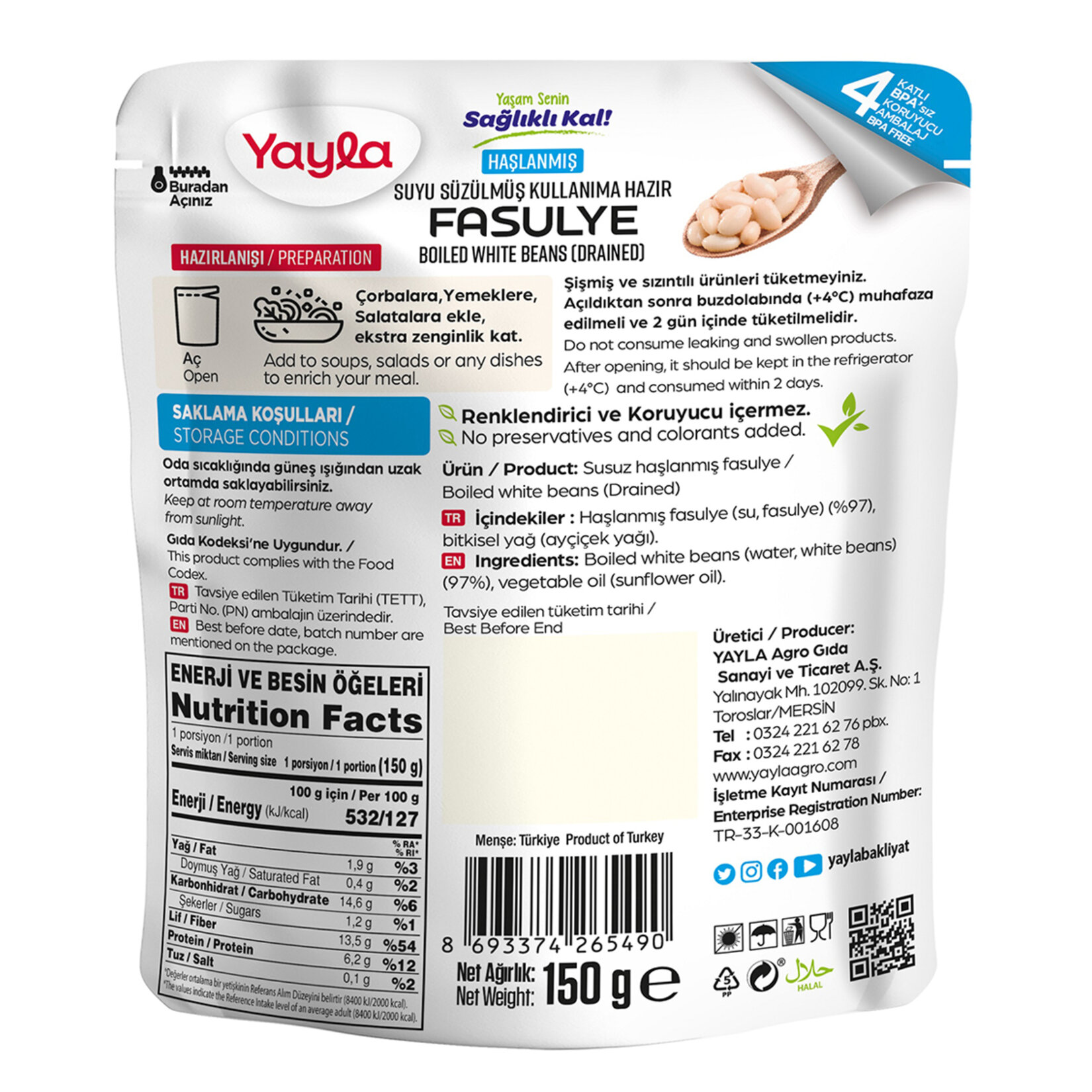 Yayla Haşlanmış Suyu Süzülmüş Fasulye 150 G - Görsel 2