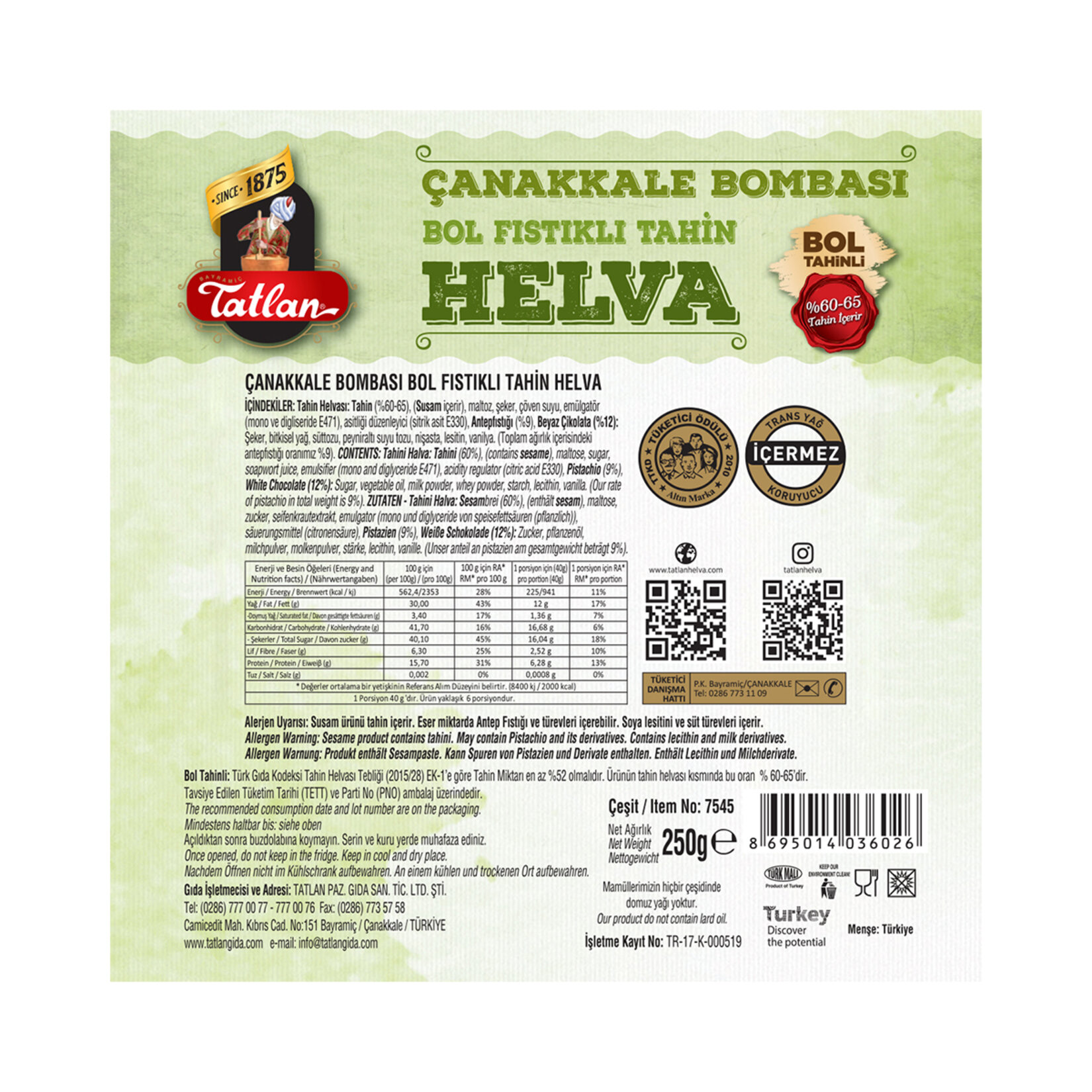 Tatlan Çanakkale Bombası Antep Fıstıklı Helva 250 G - Görsel 2