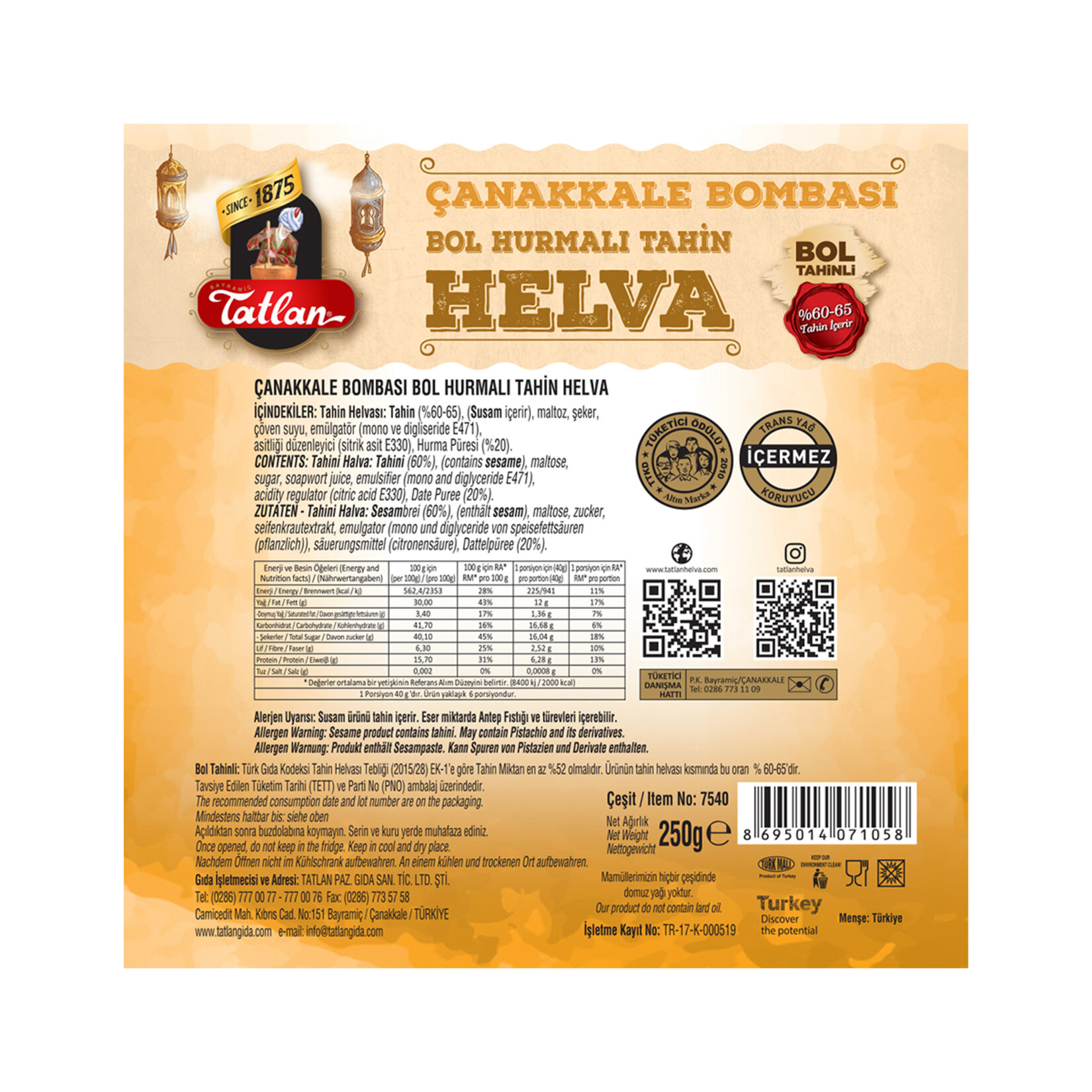 Tatlan Çanakkale Bombası Hurmalı Helva 250 G - Görsel 2
