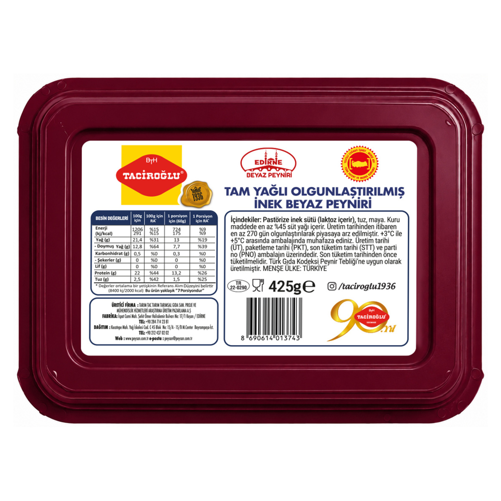 Taciroğlu 3 Dilim Tam Yağlı Olgun Edirne Beyaz Peynir 425 G - Görsel 2