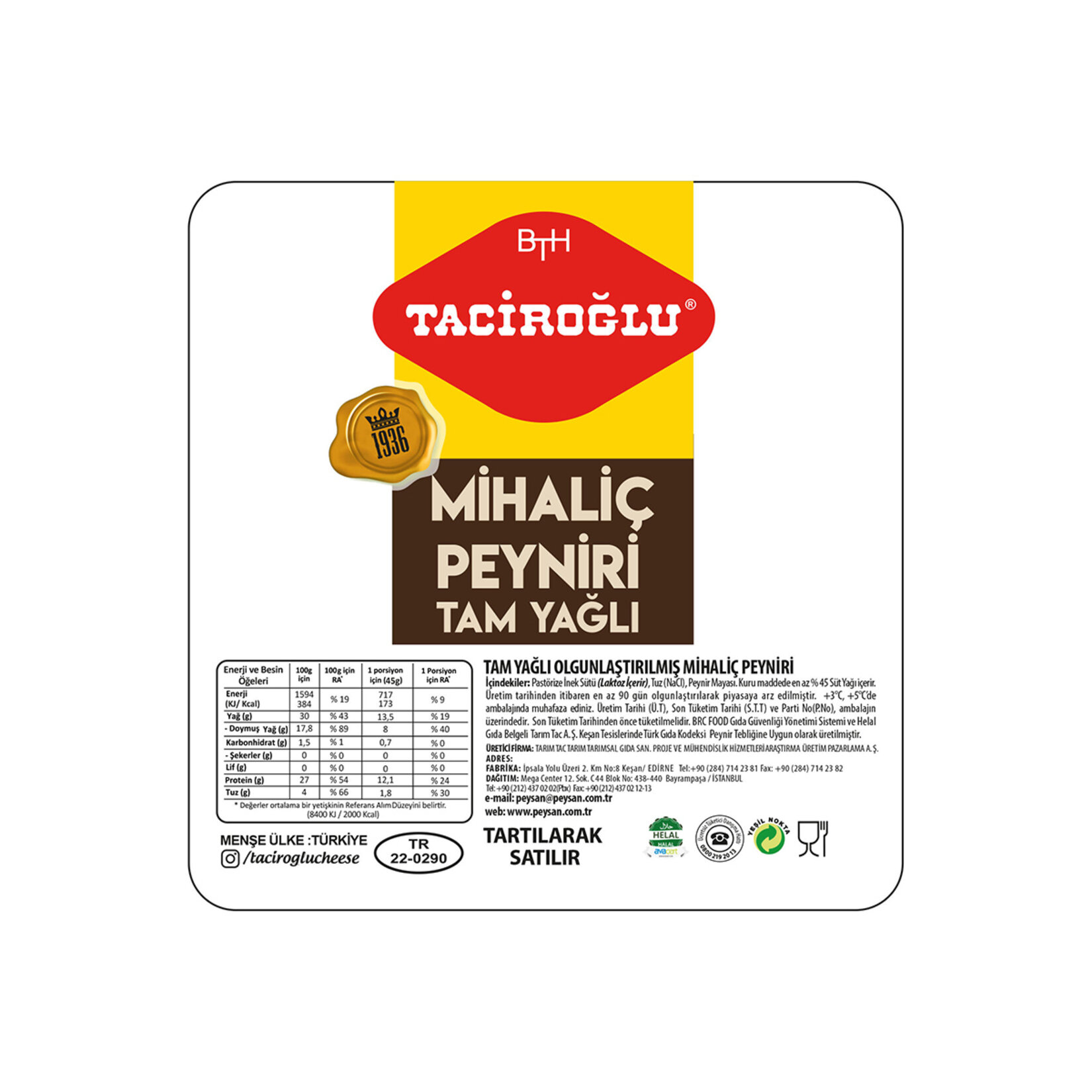 Taciroğlu Tam Yağlı Olgunlaştırılmş Mihaliç Peyniri Kg