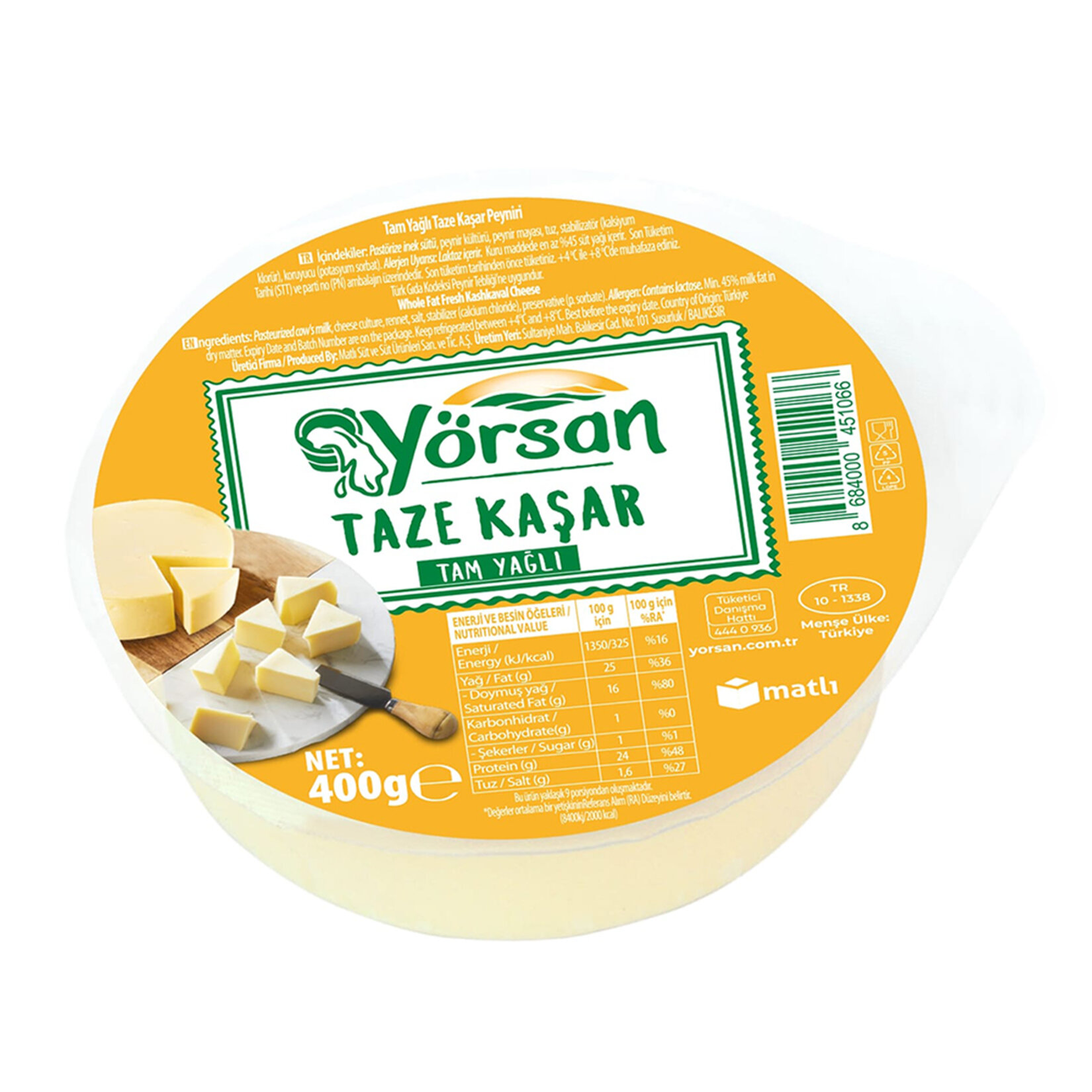 Yörsan Tam Yağlı Kaşar Peyniri 400 G