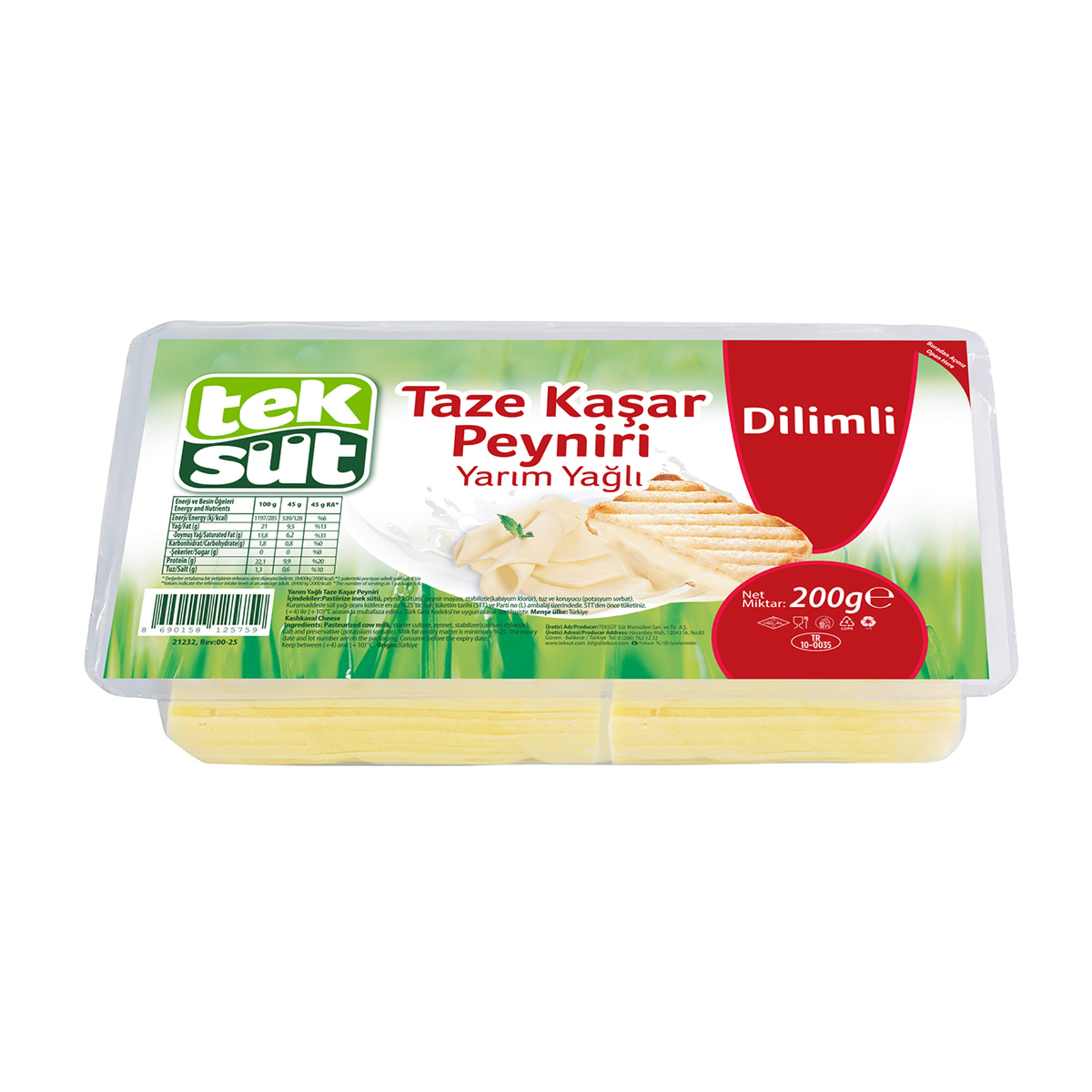 Teksüt Yarım Yağlı Dilimli Taze Kaşar Peynir 200 G