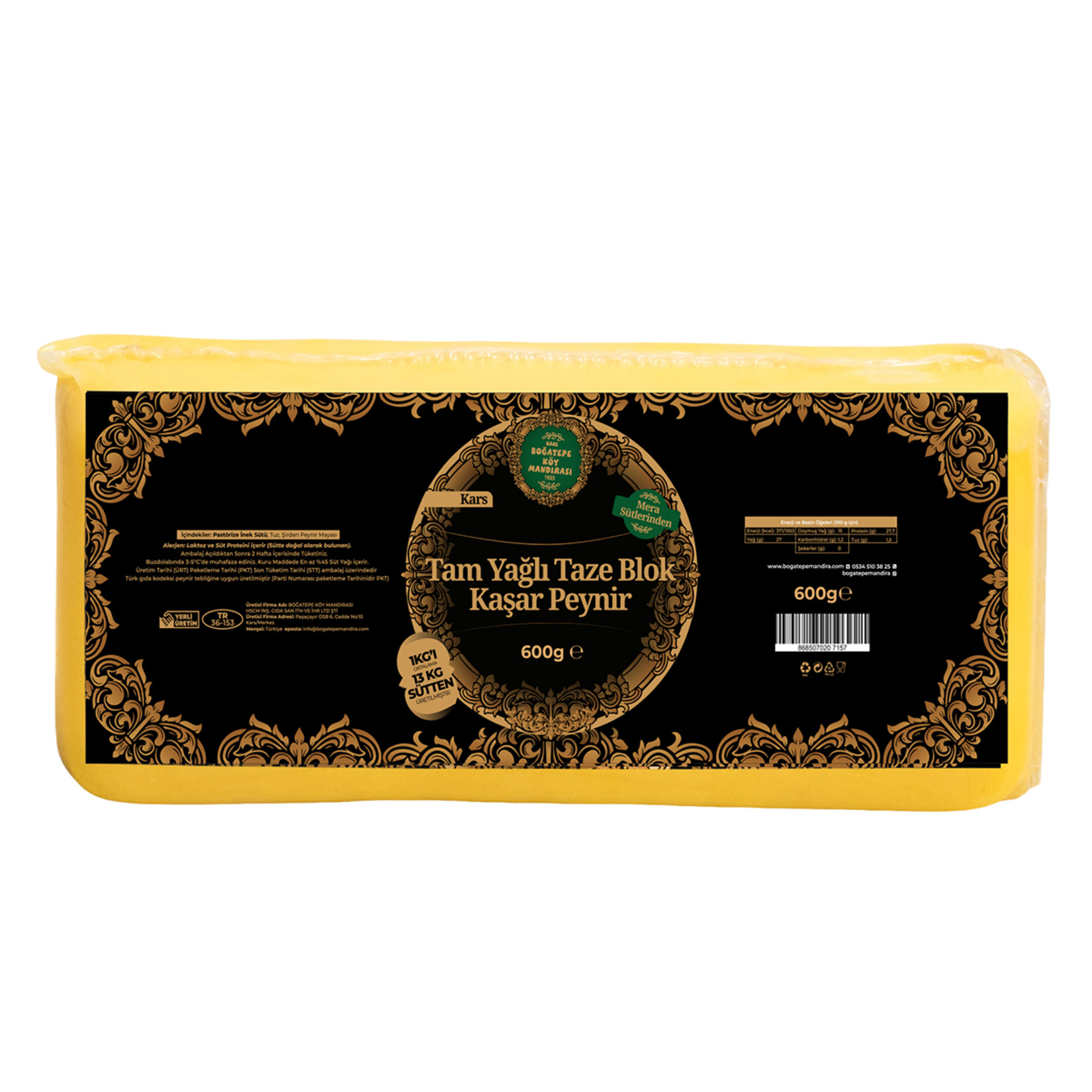 Boğatepe Tam Yağlı Taze Blok Kaşar Peyniri 600 G