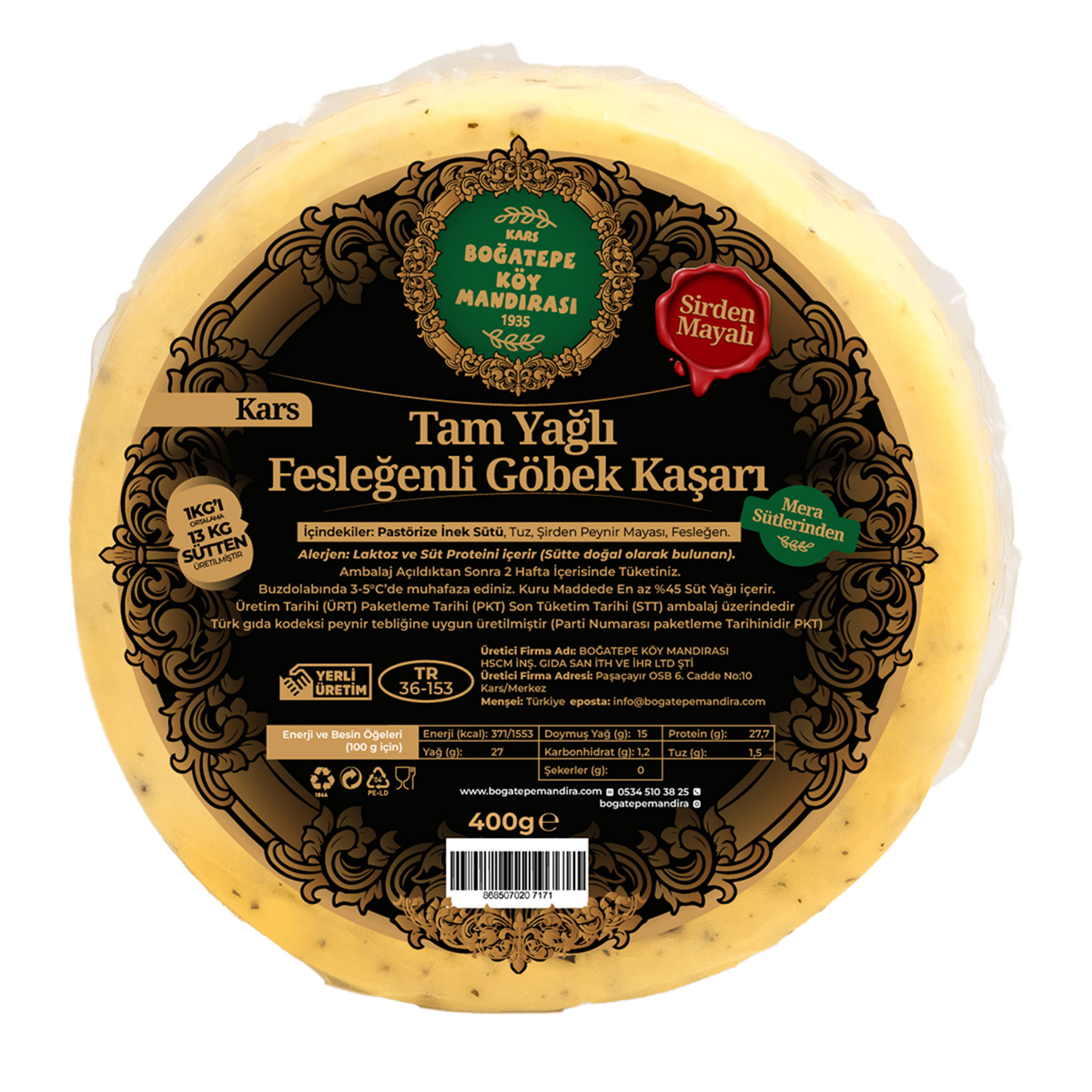 Boğatepe Tam Yağlı Fesleğenli Göbek Kaşarı 400 G