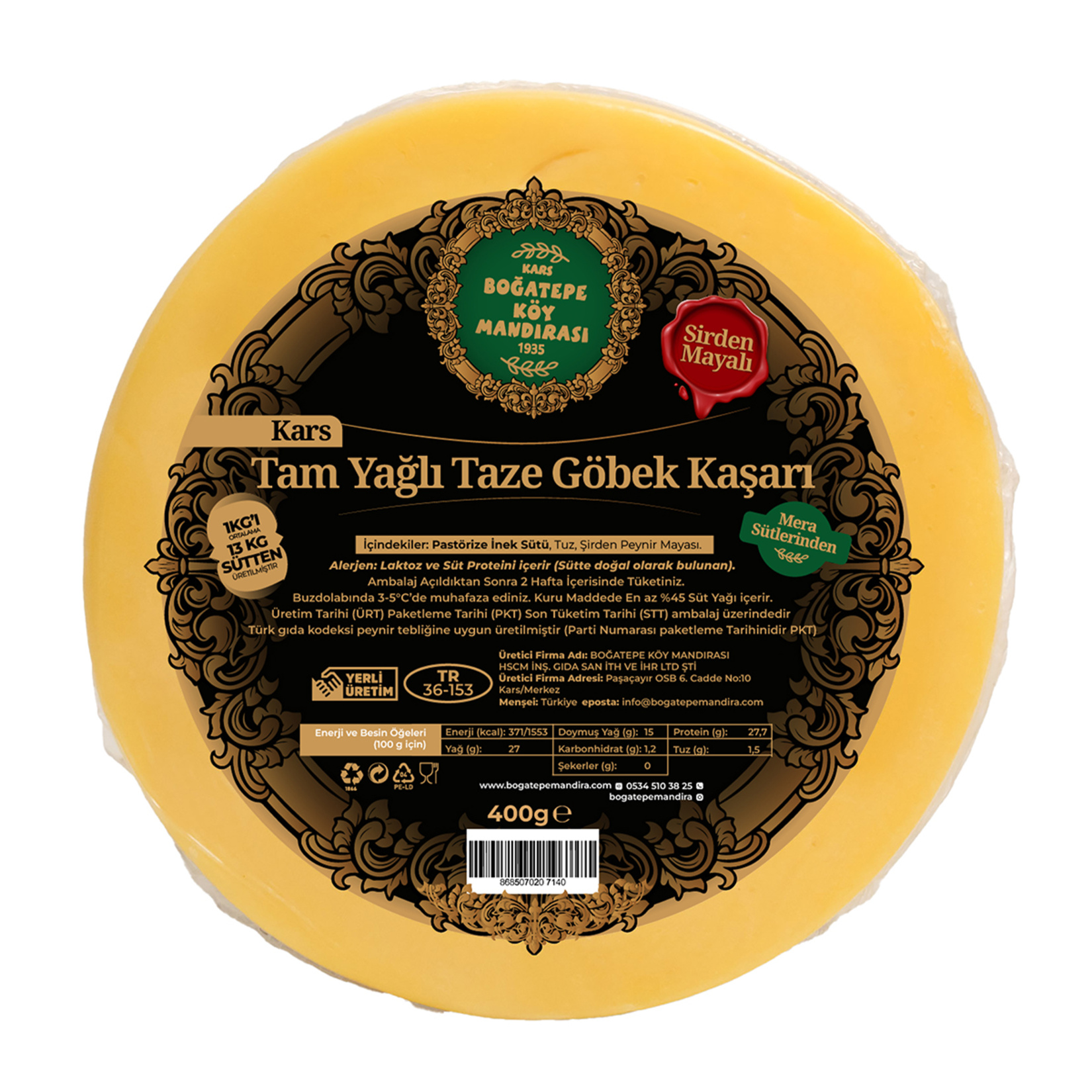 Boğatepe Tam Yağlı Taze Göbek Kaşarı 400 G