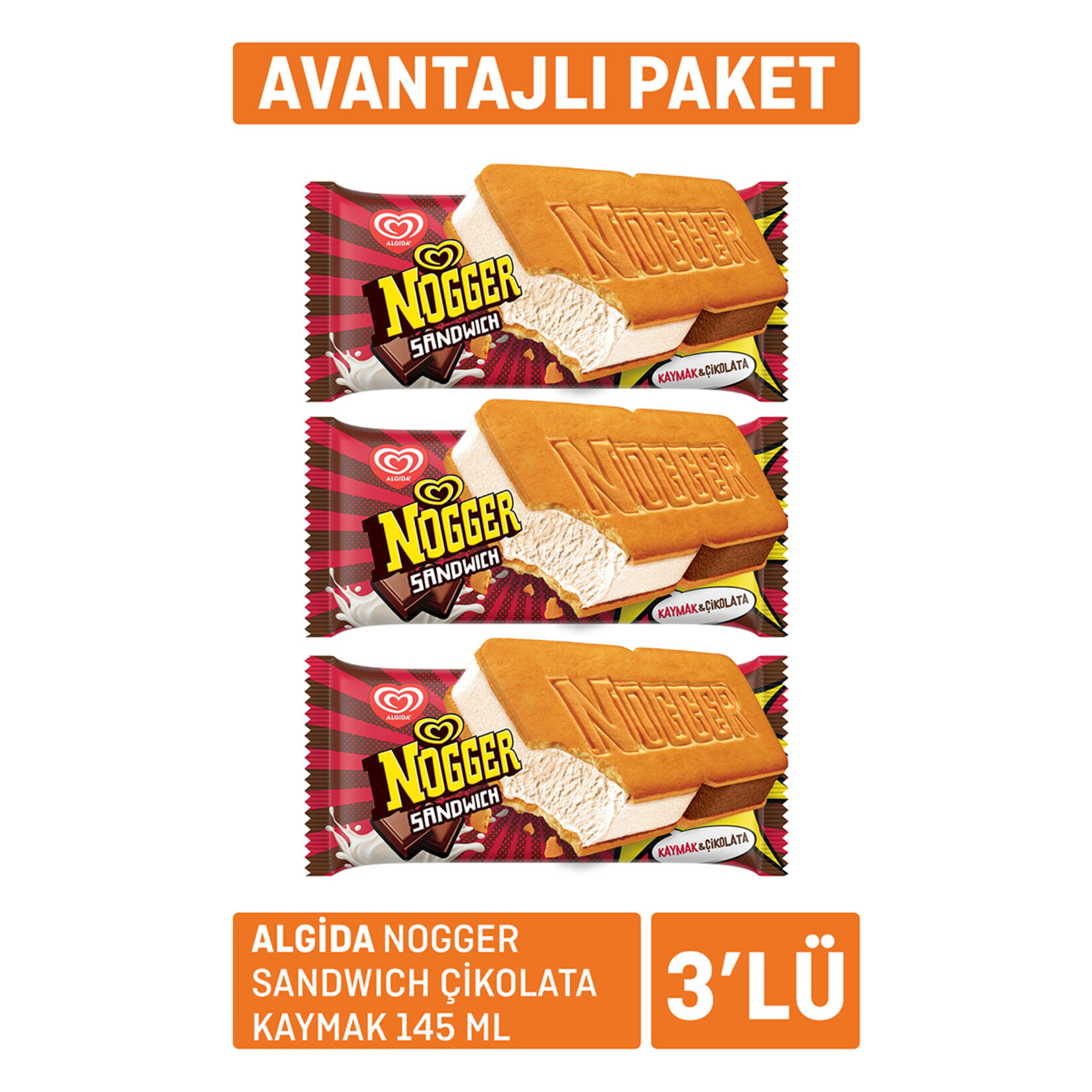 Nogger Sandwich Çikolata Kaymak 145 Ml*3