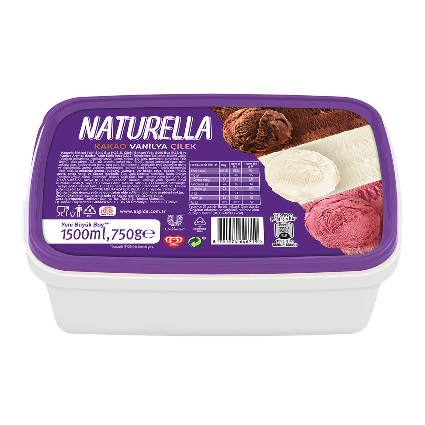 Algida Naturella Kakao Vanilya Çilek 1.500 Ml