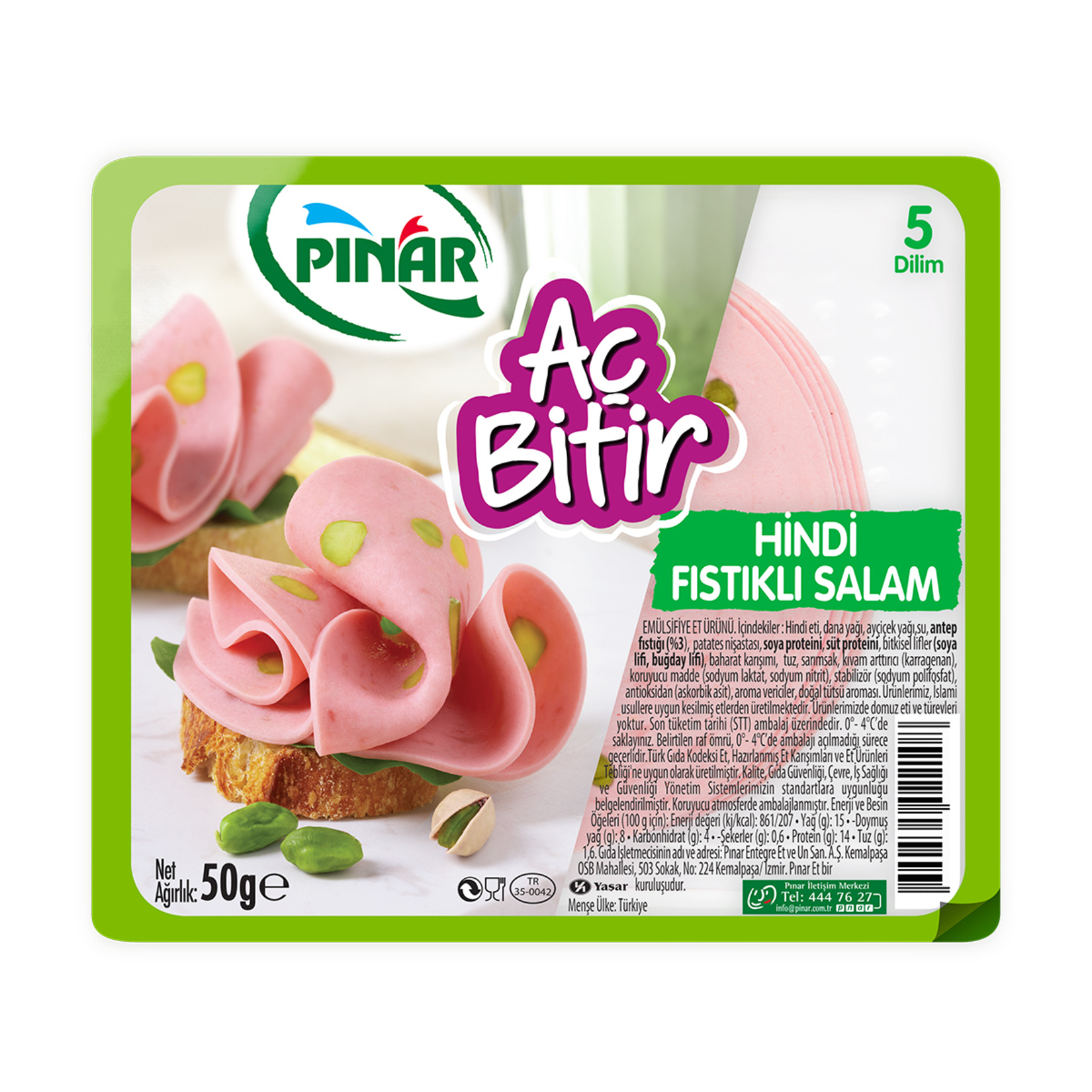 Pınar Salam Aç Bitir Hindi Fıstıklı Salam 50 G