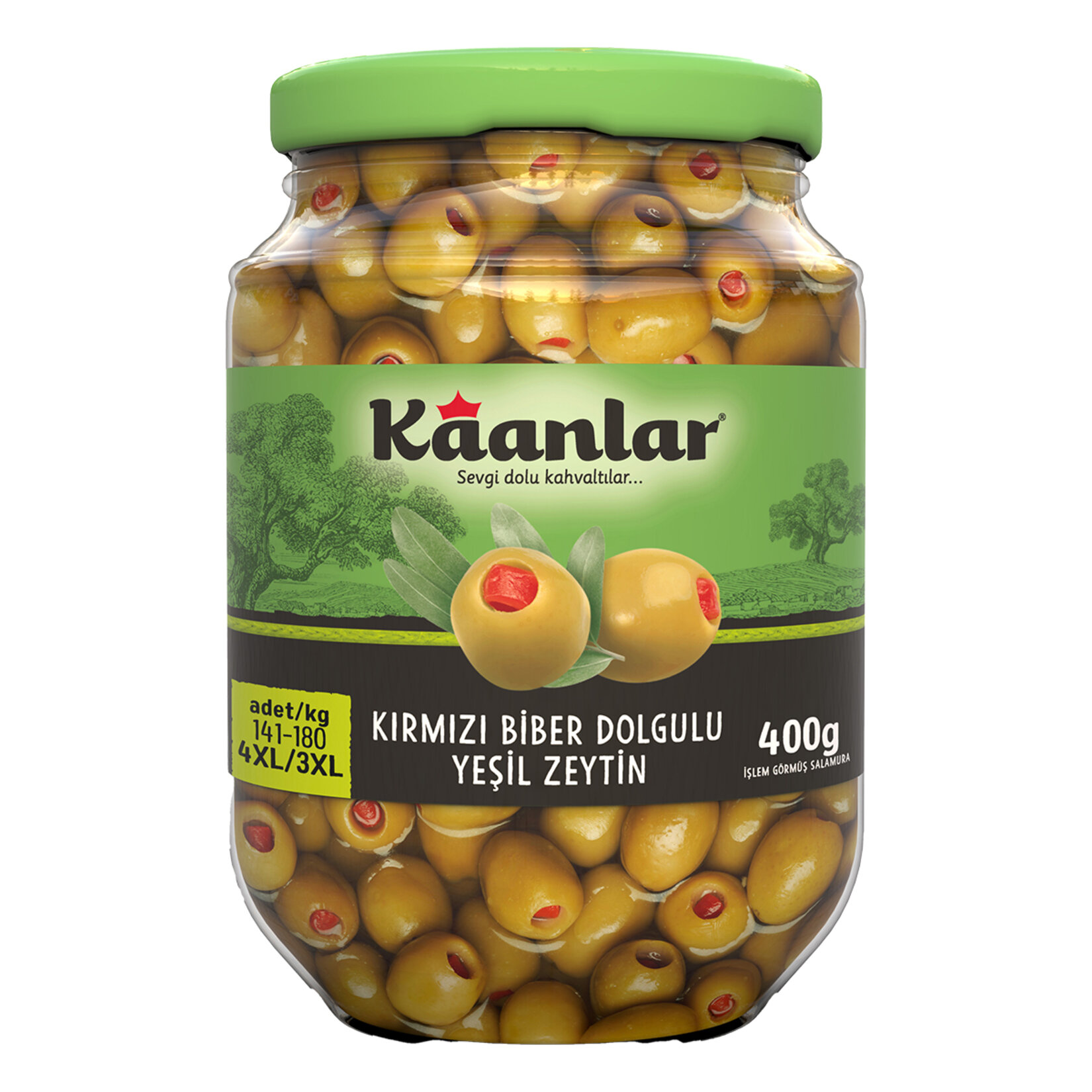 Kaanlar 141-180 Kırmızı Biber Dolgulu Yeşil Zeytin 400 G