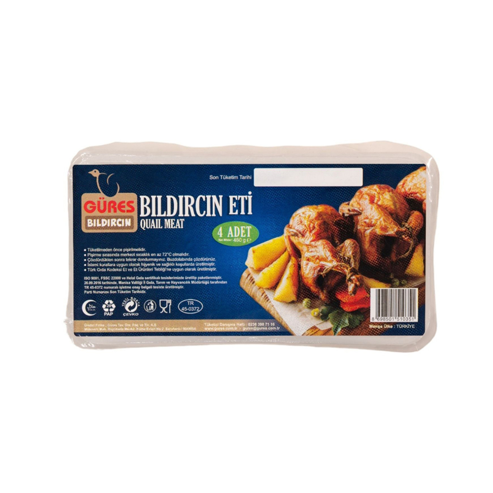 Güres Dondurulmuş Bıldırcın Eti 4 Adet 480 G