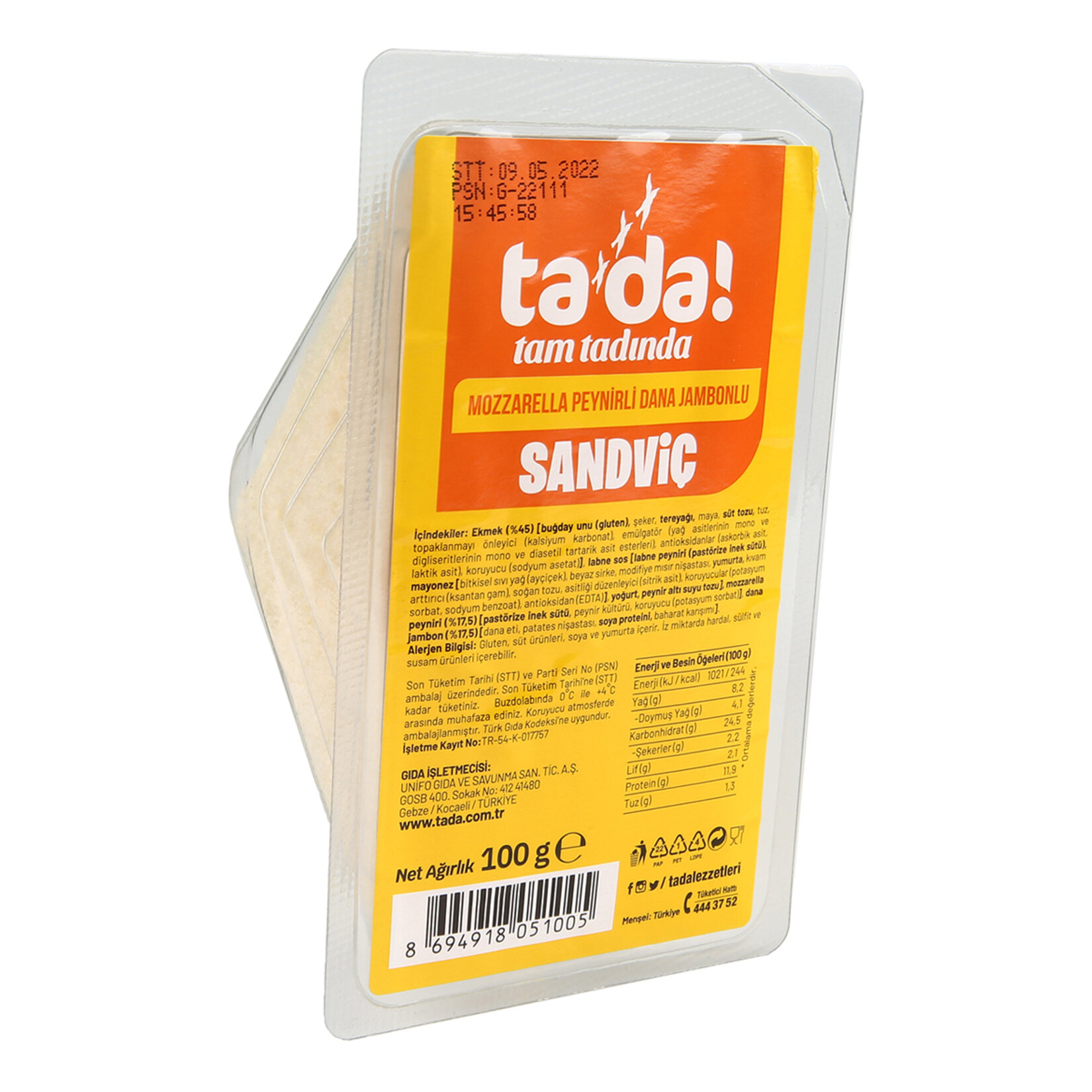 Tada Mozarellalı Dana Jambonlu Sandviç 100 G