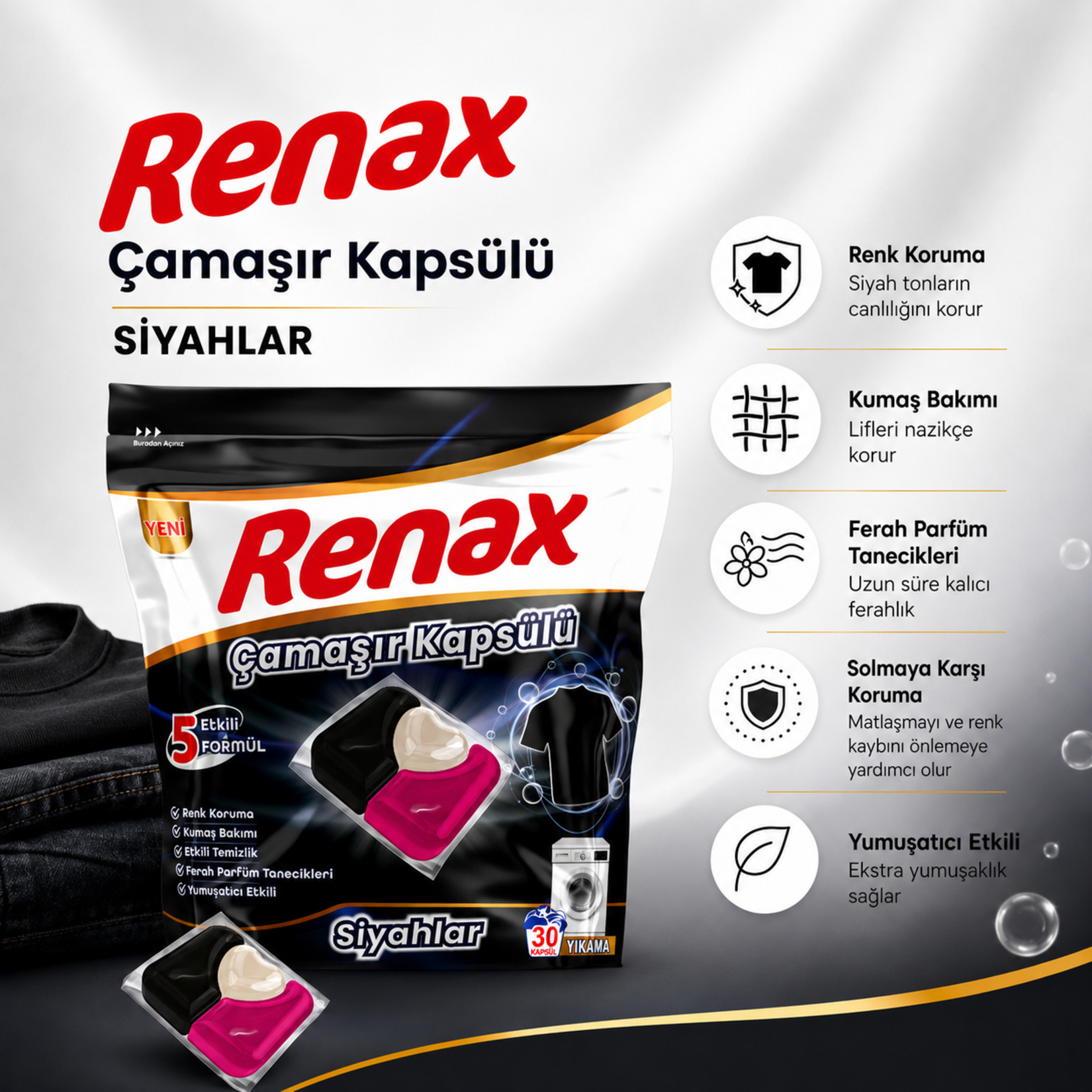 Renax Çamaşır Kapsülü Siyahlar 30'lu 480 G - Görsel 2