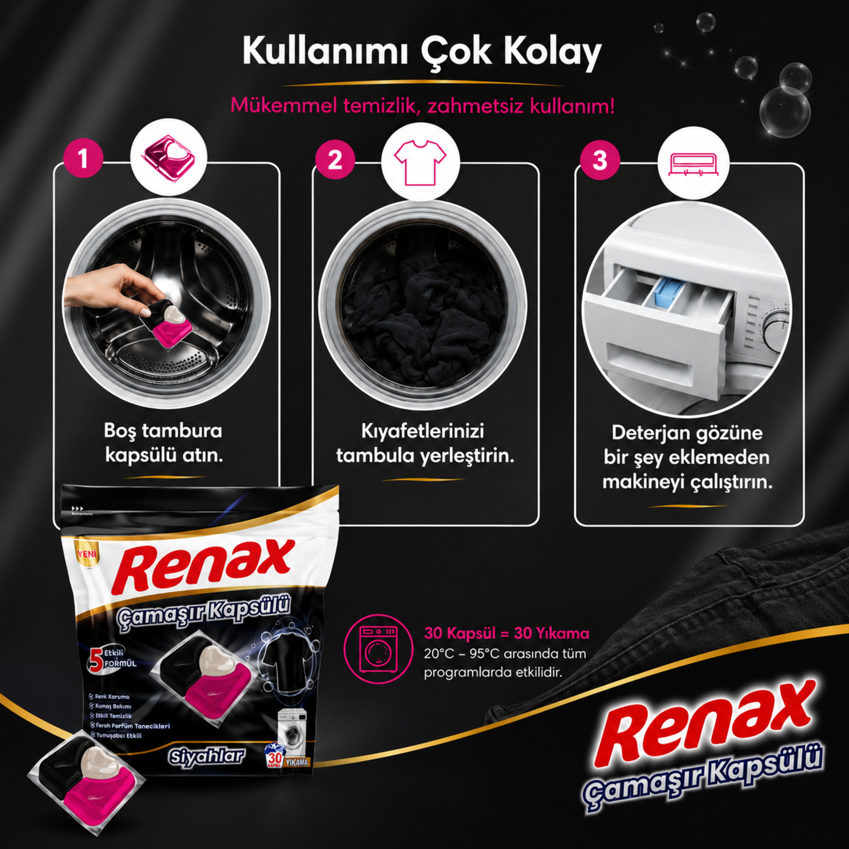 Renax Çamaşır Kapsülü Siyahlar 30'lu 480 G - Görsel 3