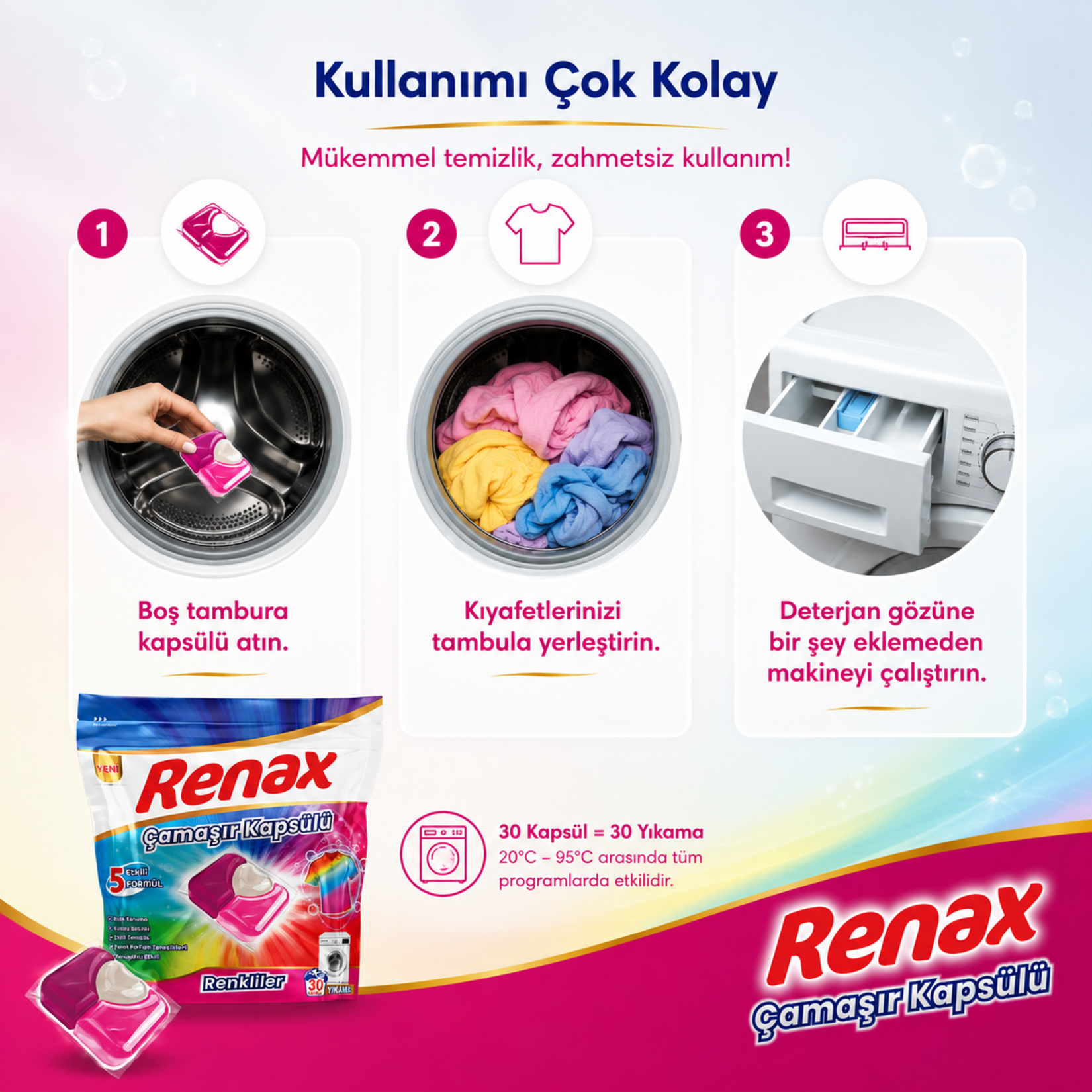 Renax Çamaşır Kapsülü Renkliler 30'lu 480 G - Görsel 3