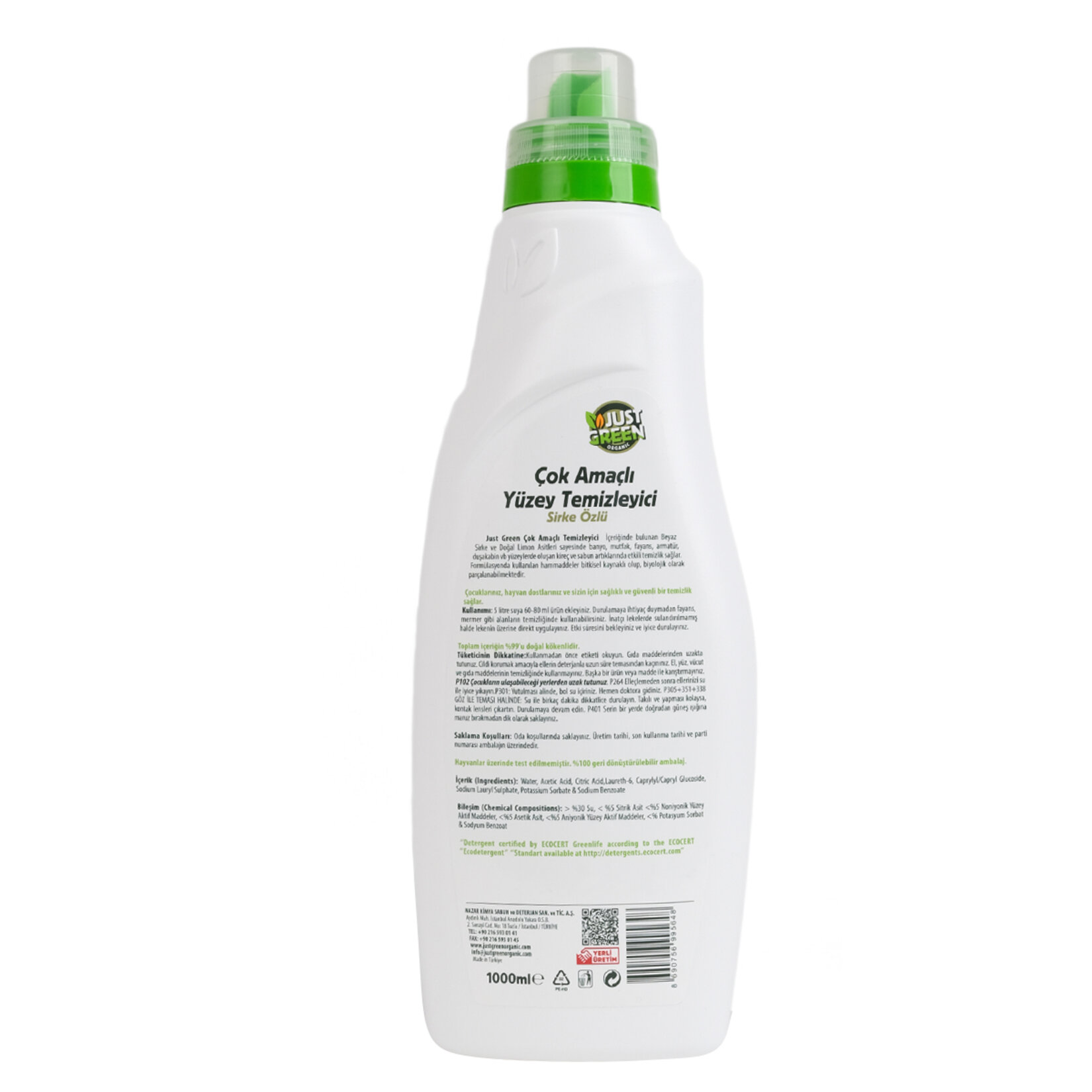 Just Green Organic Çok Amaçlı Yüzey Temizleyici Sirkeli 1 L - Görsel 2