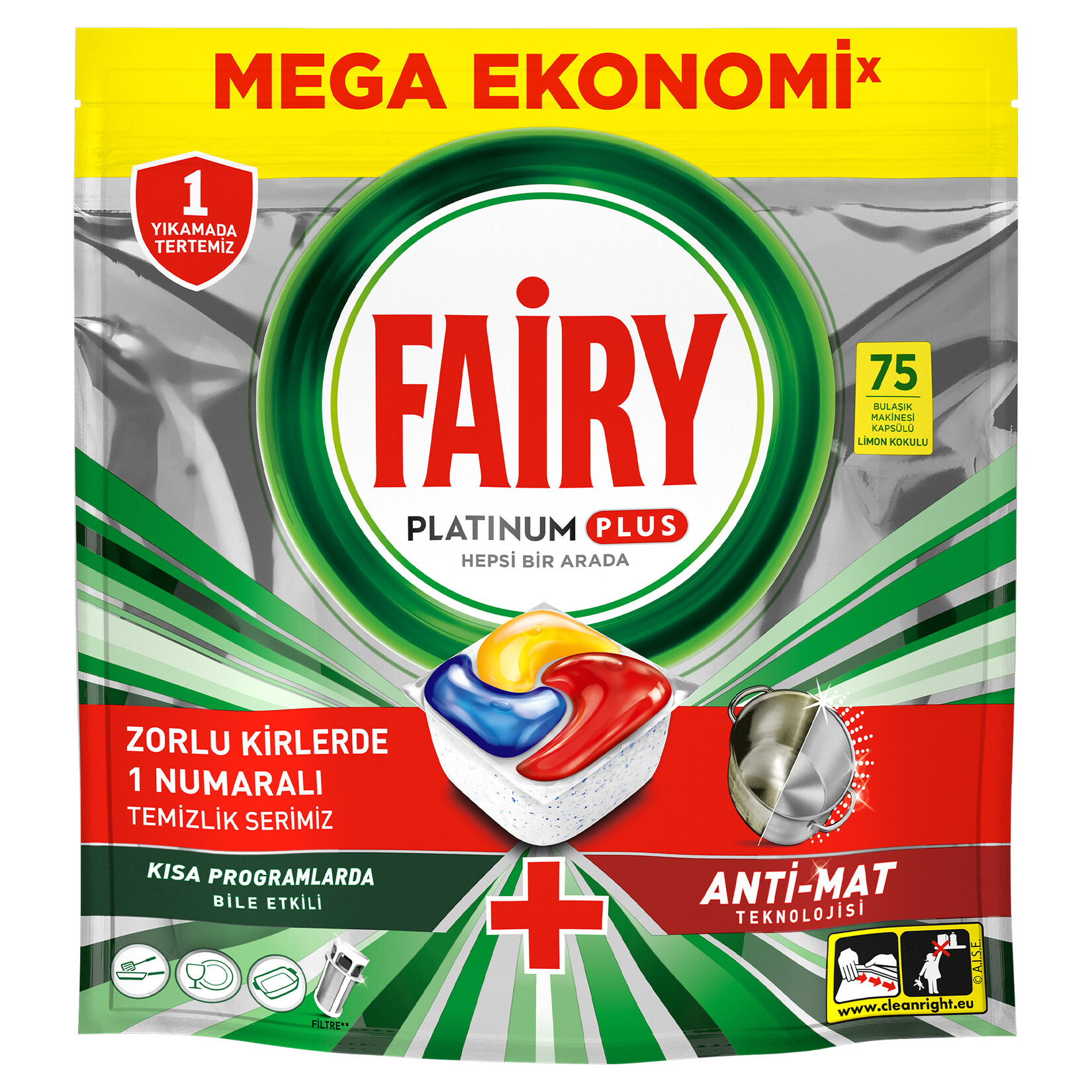 Fairy Platinum Plus Hepsi 1 Arada Limon Kokulu 75'li 1.163 G - Görsel 1