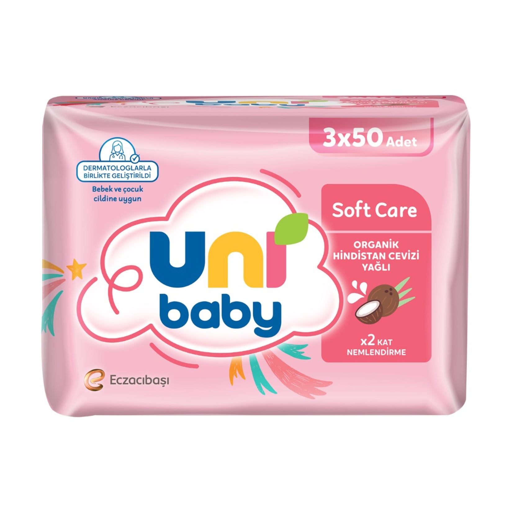 Uni Baby Softcare Hindistan Cevizi Yağlı Islak Mendil 3 x 50'li