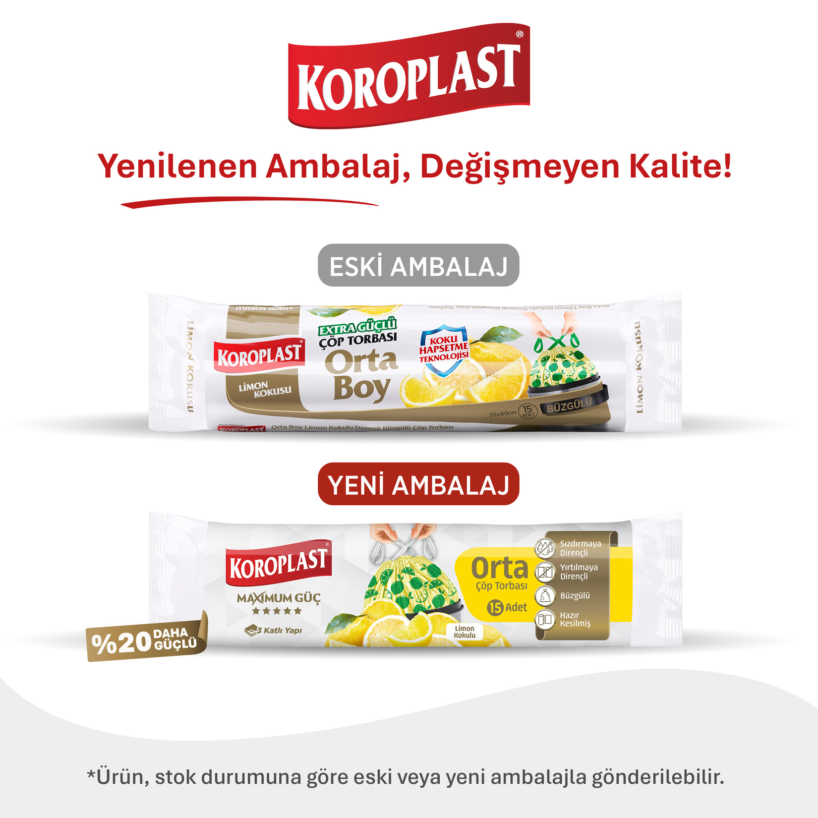 Koroplast Güçlü Büzgülü Çöp Torbası Limon Kokulu Orta 15'Li - Görsel 2