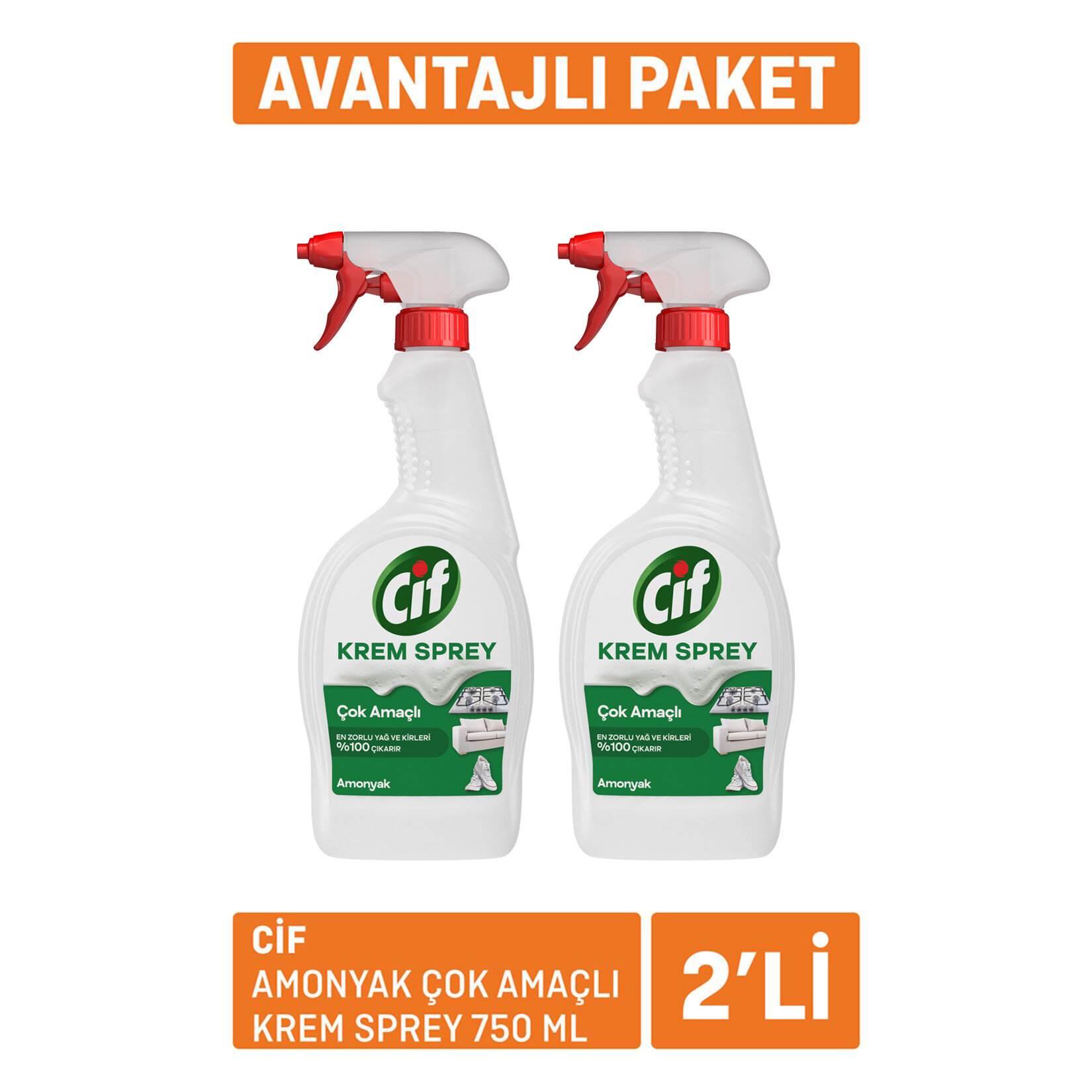 Cif Amonyak Çok Amaçlı Krem Sprey 2 x 750 Ml - Görsel 1