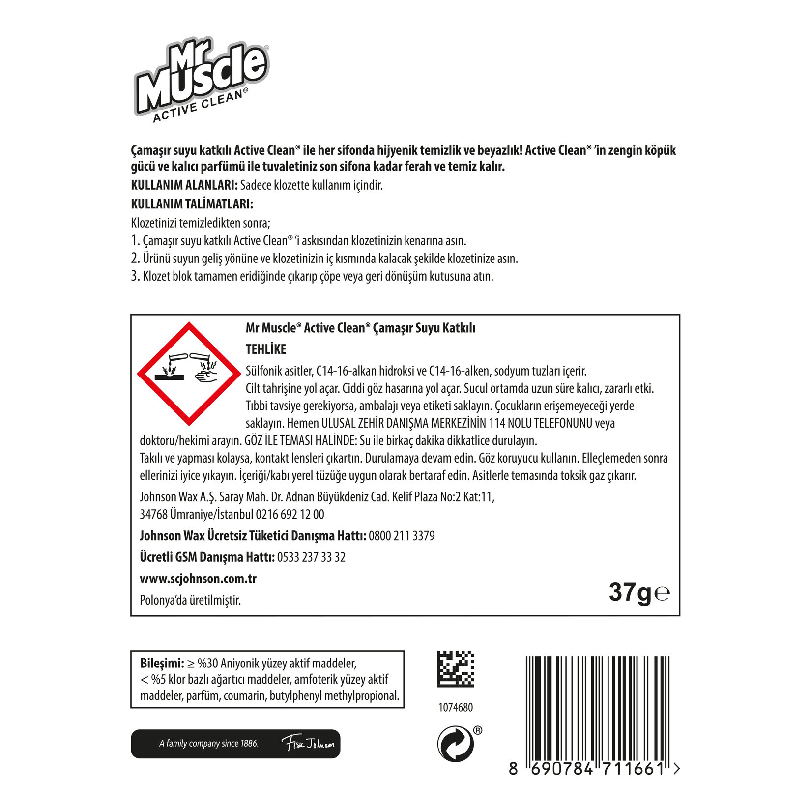 Mr Muscle Active Clean Klozet Blok Çamaşır Suyu Katkılı 37g Migros