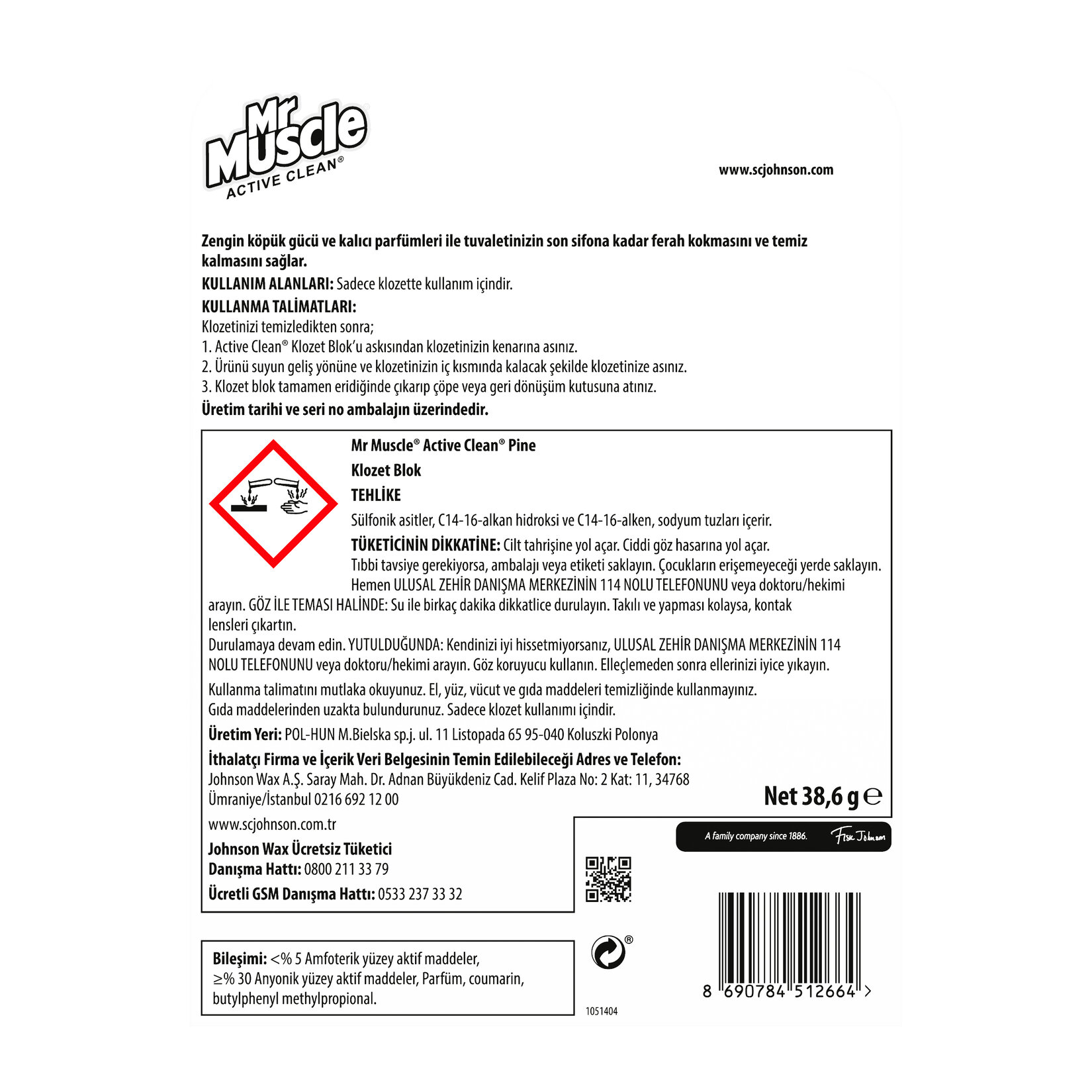Mr. Muscle Active Clean Klozet Blok Çam Kokulu 38.6g - Görsel 2
