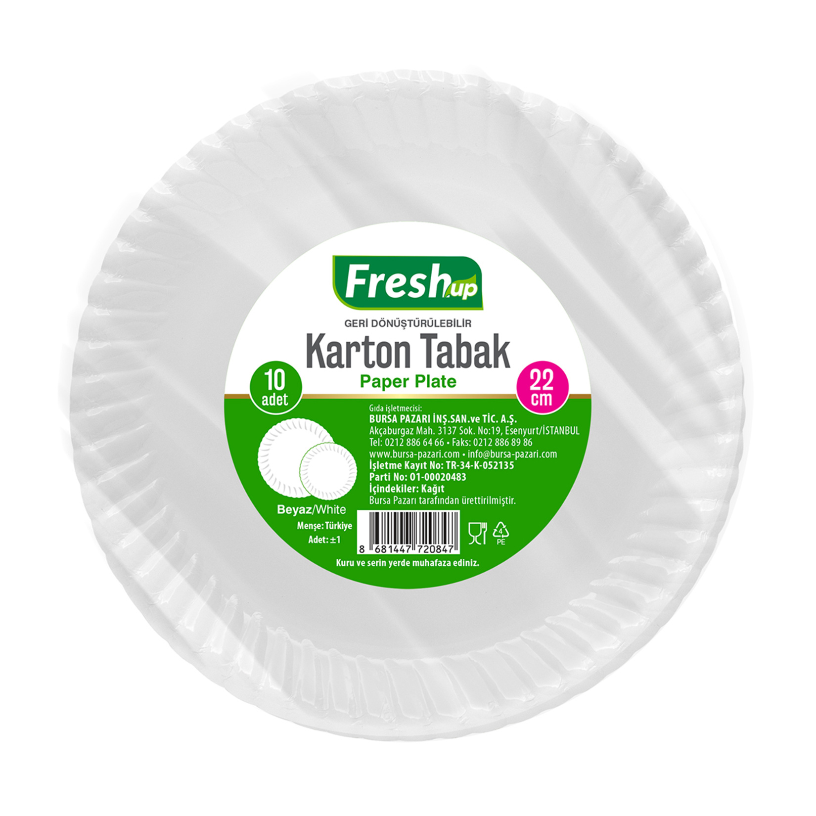 Fresh-up Karton Tabak 22 Cm 10'lu