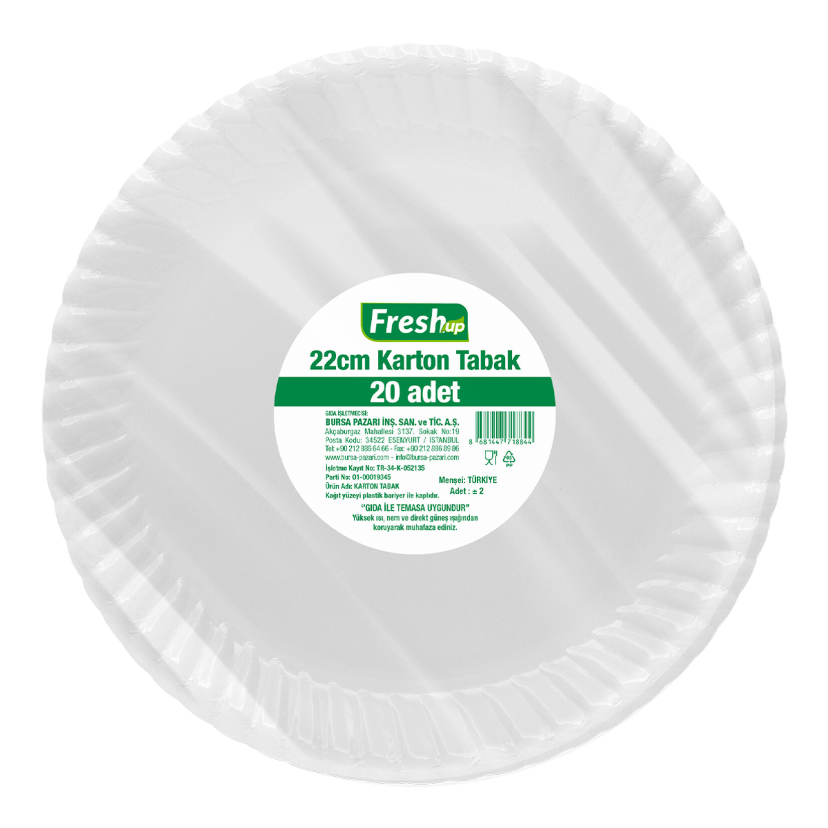 Fresh-up Karton Tabak Beyaz 20'li 22 Cm